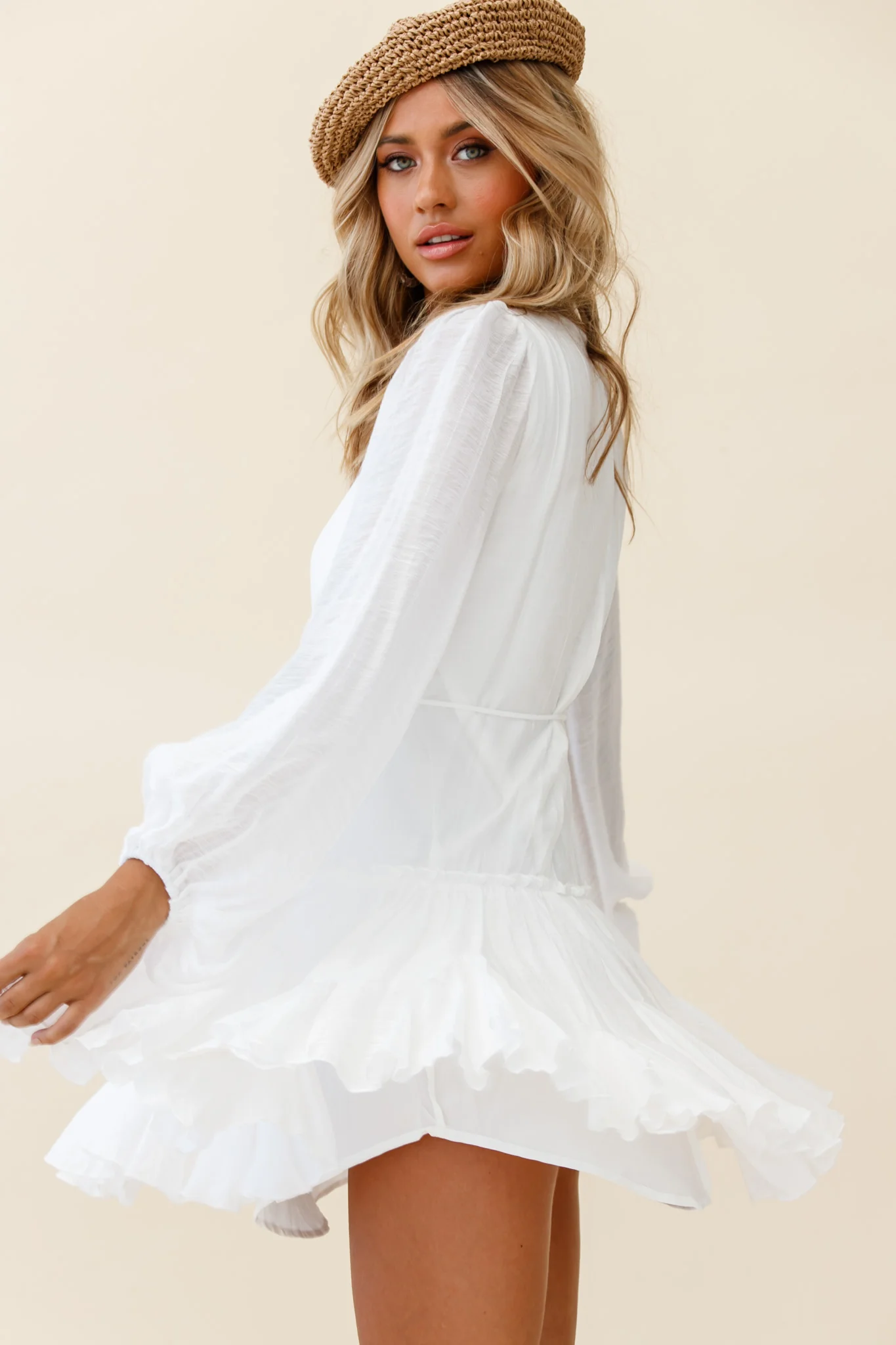 Rosabel Balloon Sleeve Fluted Hem Dress White - Seraphlike