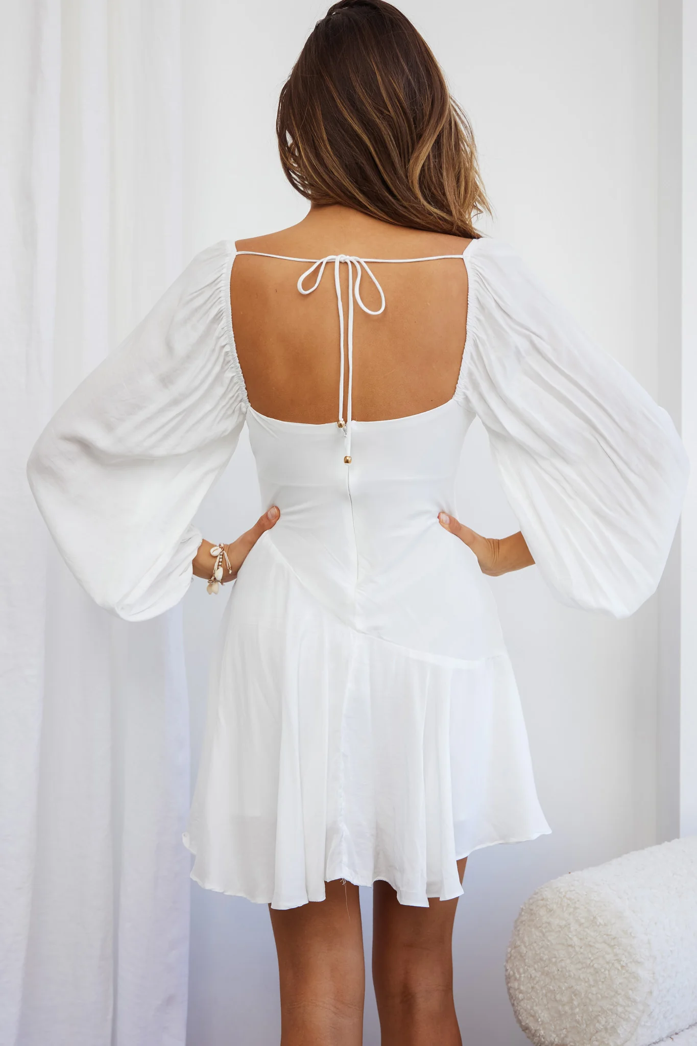 Beaujolais Long Sleeve Cowl Neckline Ruffle Satin Mini Dress White - Seraphlike