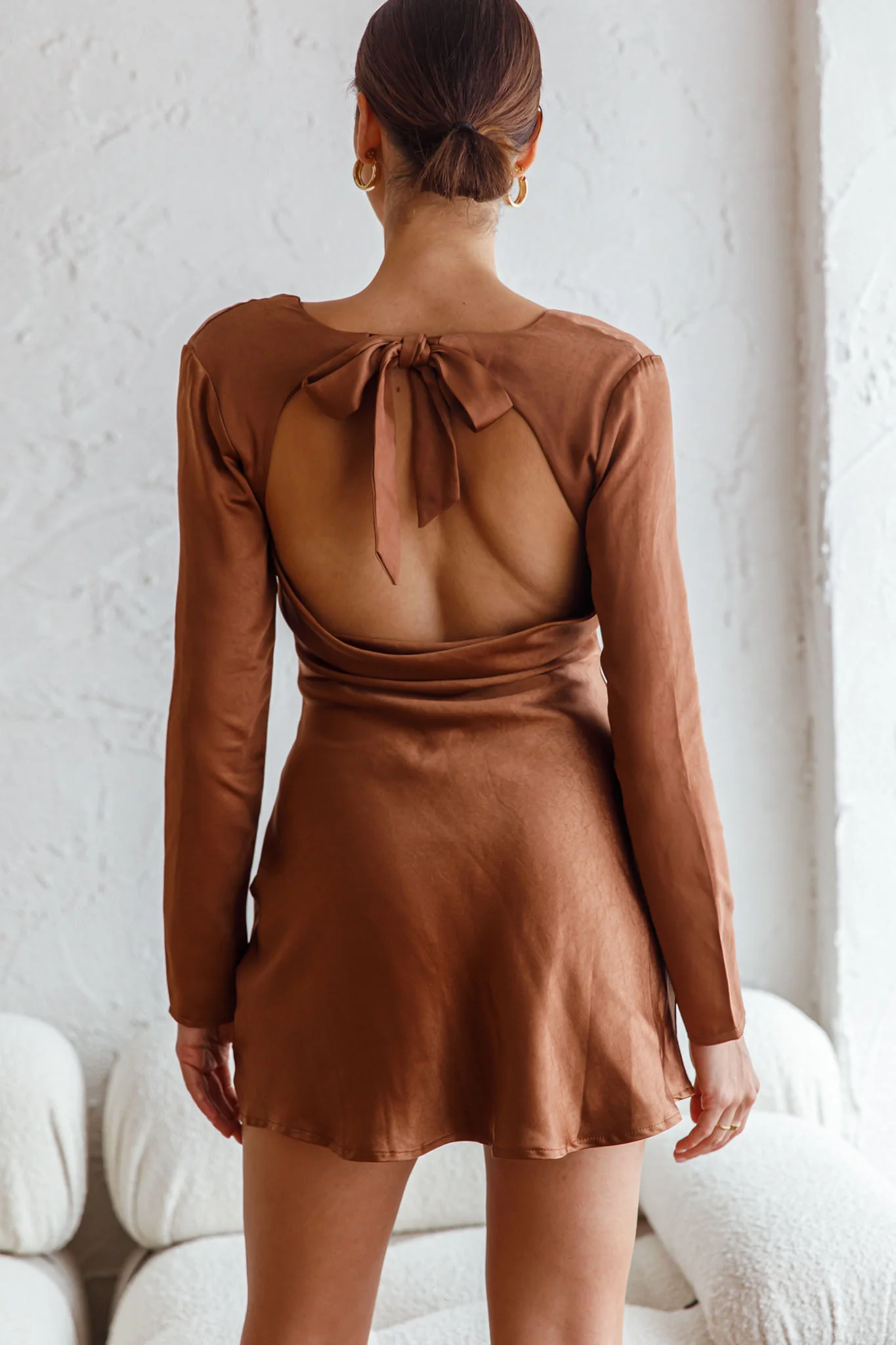 Champs Elysees Long Sleeve Open Back Mini Dress Chocolate - Seraphlike