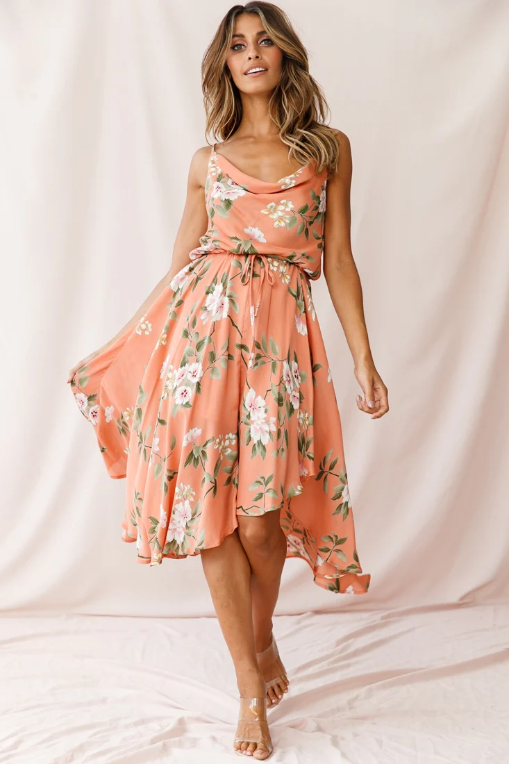Ava Cowl Neck Drawstring Midi Dress Floral Print Peach - Seraphlike