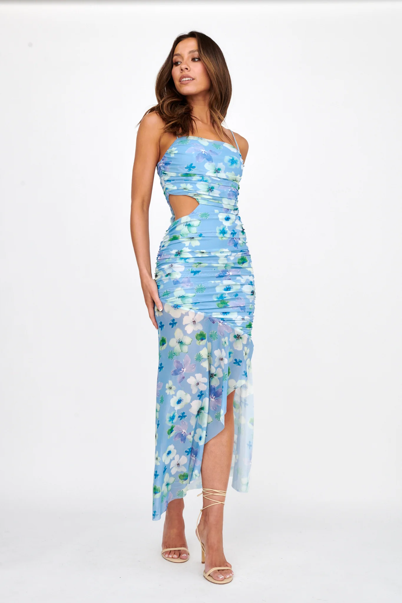 Kindred Soul Ruched Mesh Midi Dress Floral Blue - Seraphlike