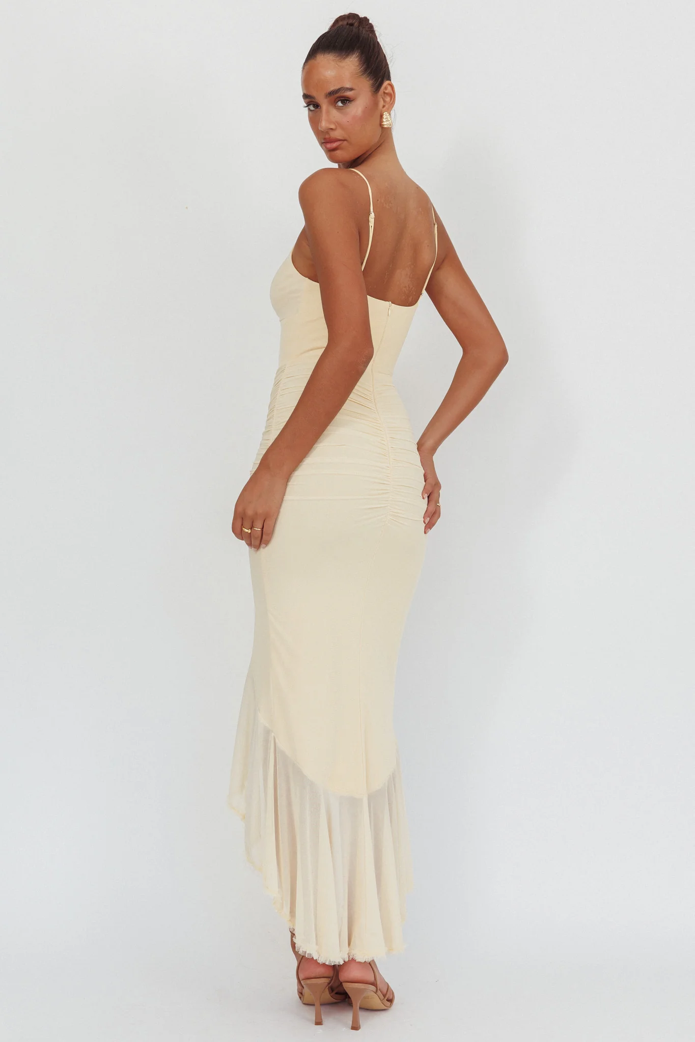 Kamilah Gathered Cascading Ruffle Midi Dress Butter - Seraphlike