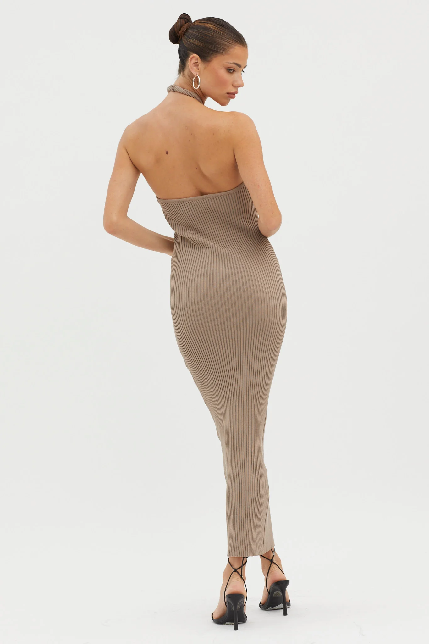 Lovelock Halterneck Ribbed Knit Midi Dress Latte - Seraphlike