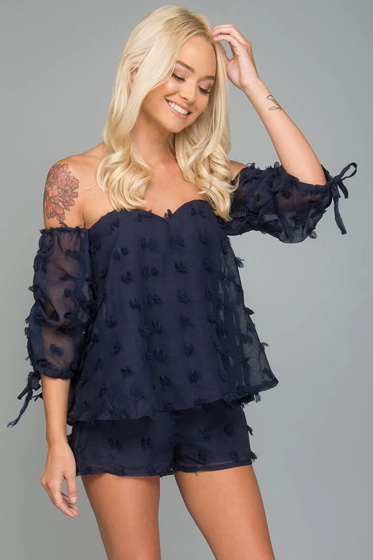 Stefani Heart Shaped Off the Shoulder Romper Navy - Seraphlike
