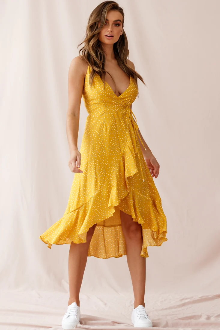 Blessed Wrap Ruffle Hem Midi Dress Dot Print Mustard - Seraphlike