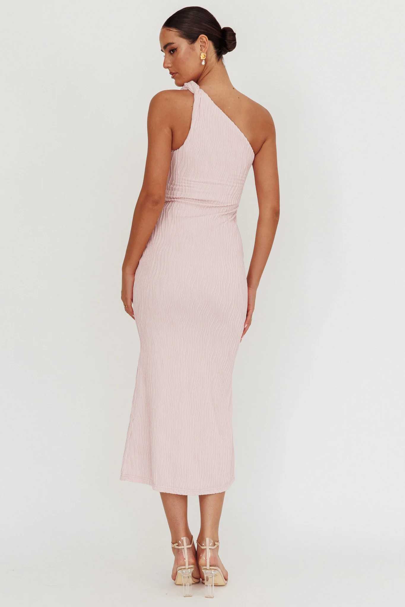Lingering Love One-Shoulder Twist Midi Dress Blush - Seraphlike