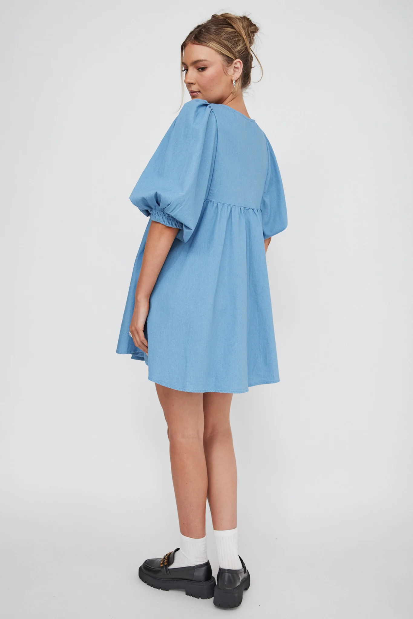 New Haven Puff Sleeve Swing Dress Denim - Seraphlike