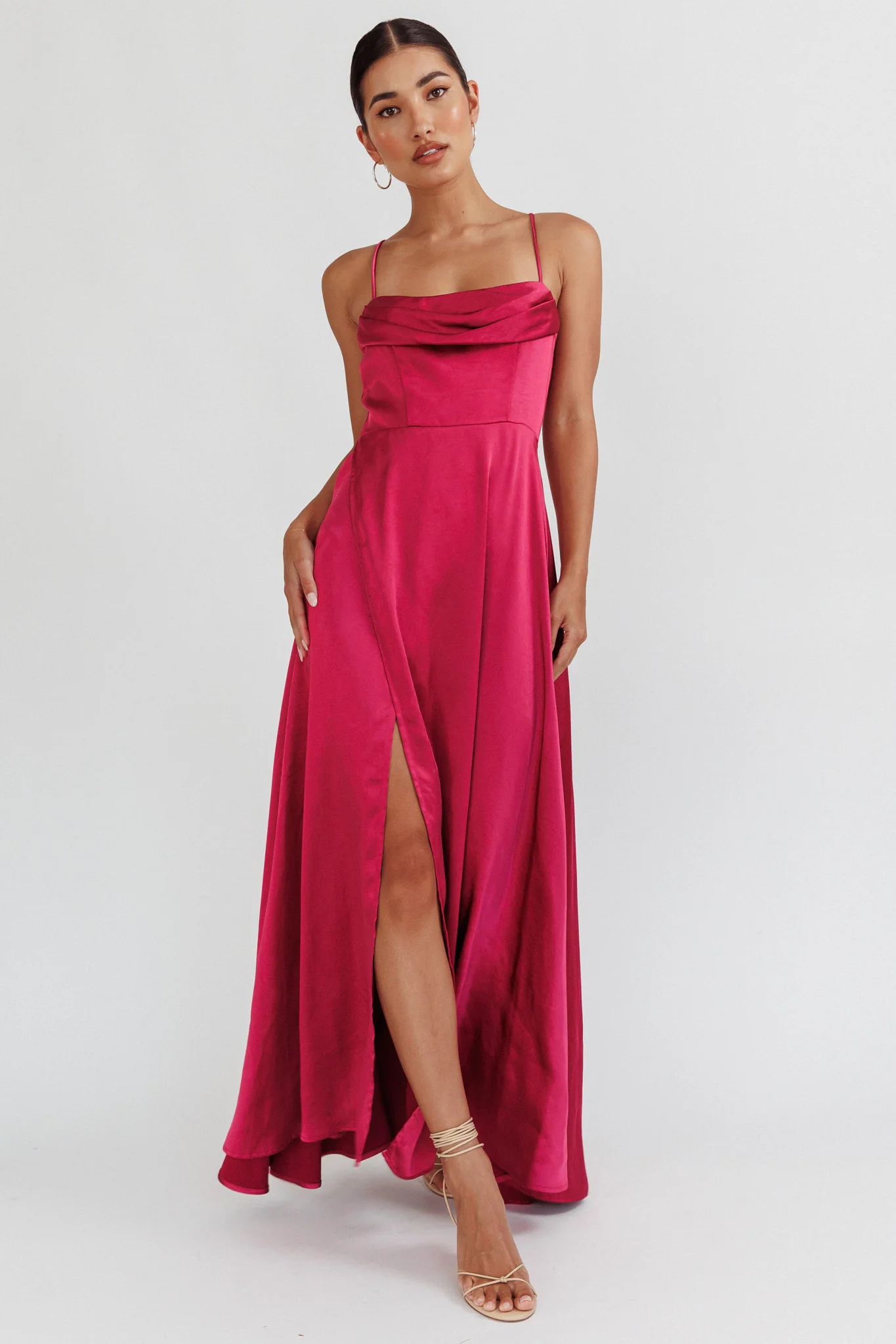 Inner Light Gathered Bust Split Maxi Dress Wine - Seraphlike