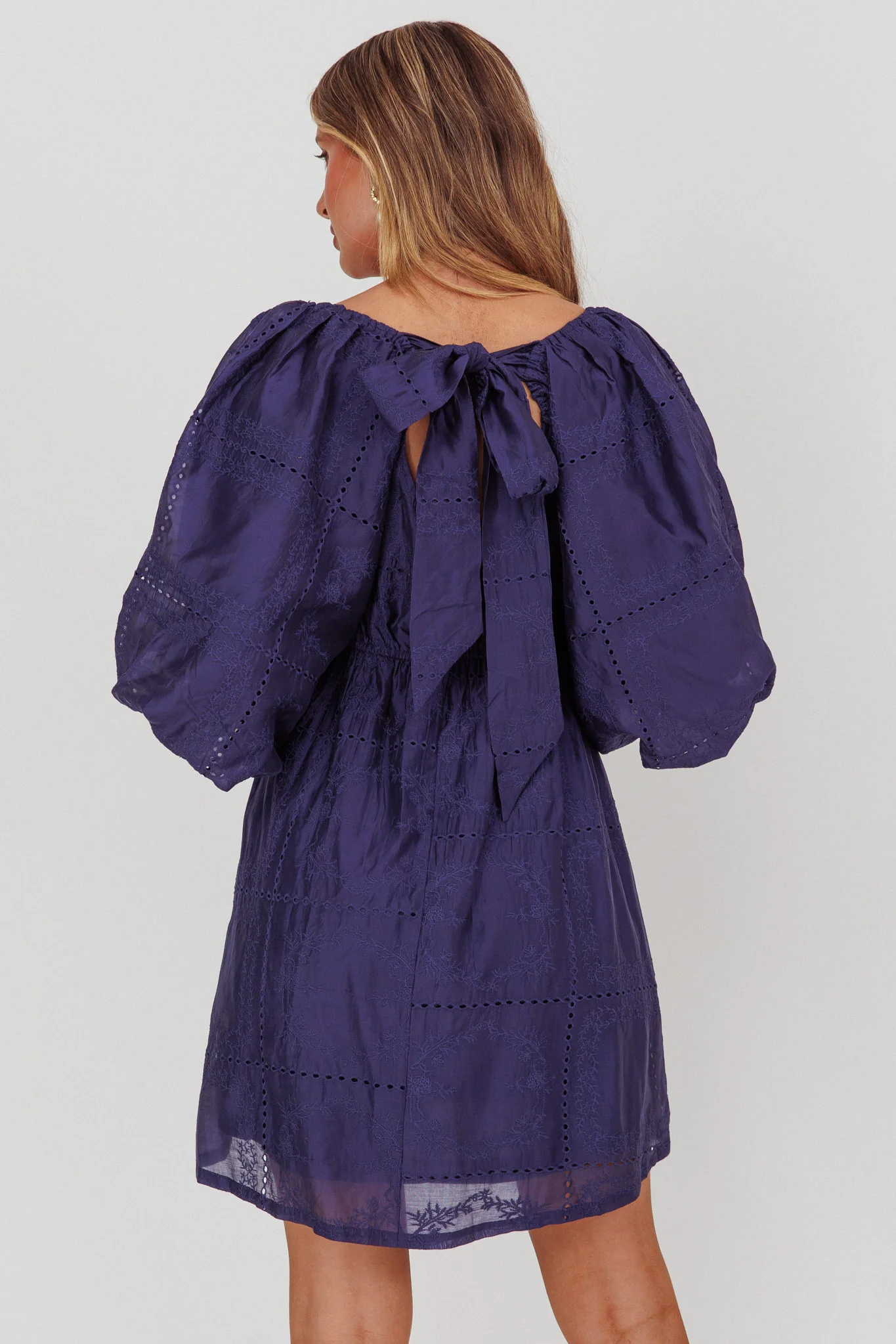 Summerlin Puff Sleeve Eyelet Mini Dress Navy - Seraphlike