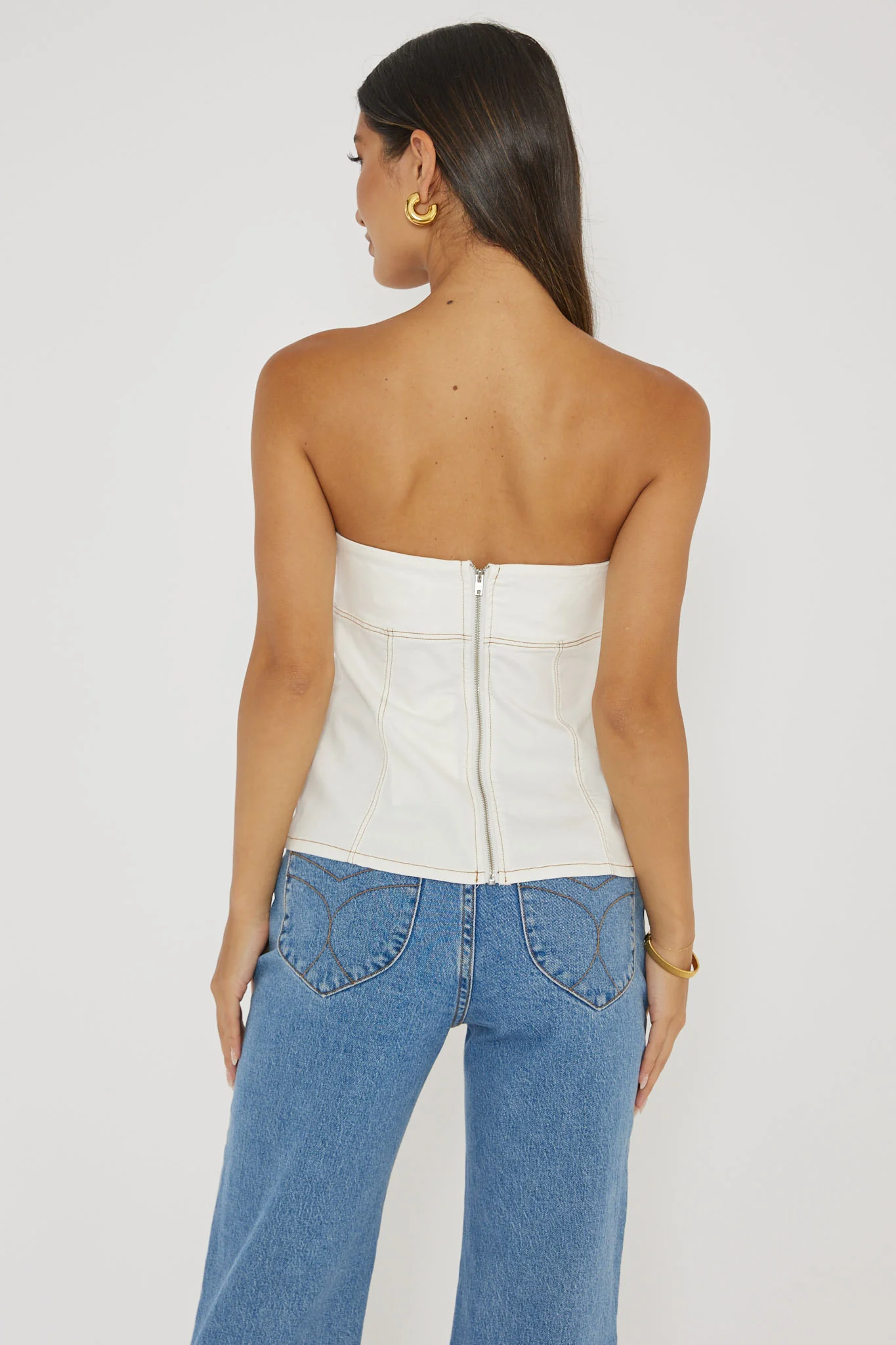 Cathlin Contrast Stitching Strapless Top White - Seraphlike