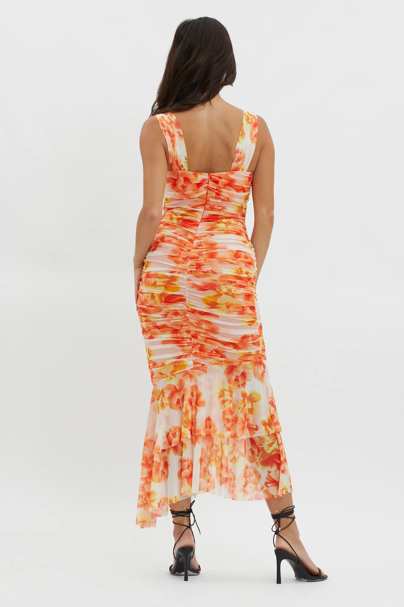 Nadia Ruched Fishtail Midi Dress Floral White - Seraphlike