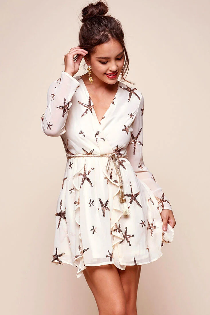 Riley Star Wrap Dress Beige - Seraphlike