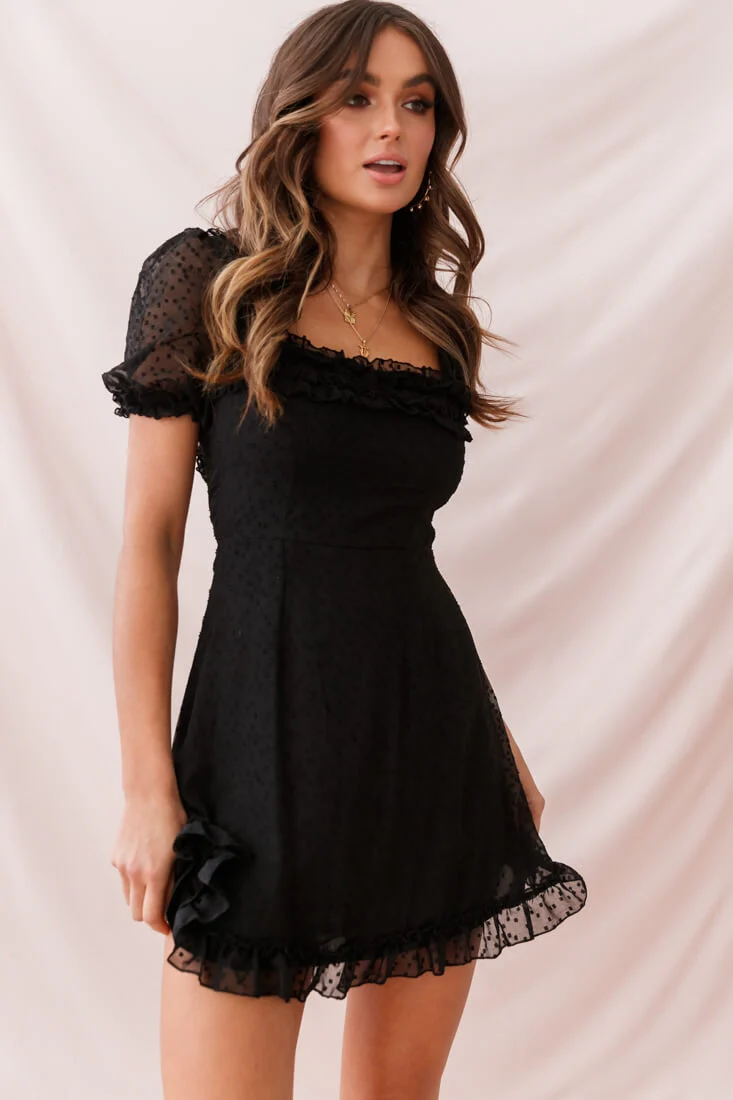 Lara Puff Sleeve Frill Dress Black - Seraphlike