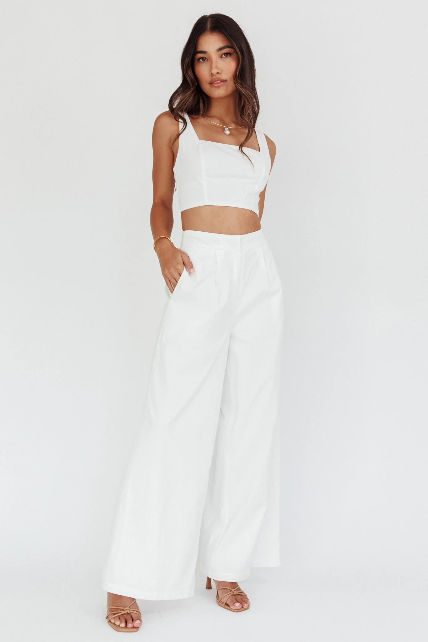 Empire Wide-Leg Side Pocket Pants White - Seraphlike