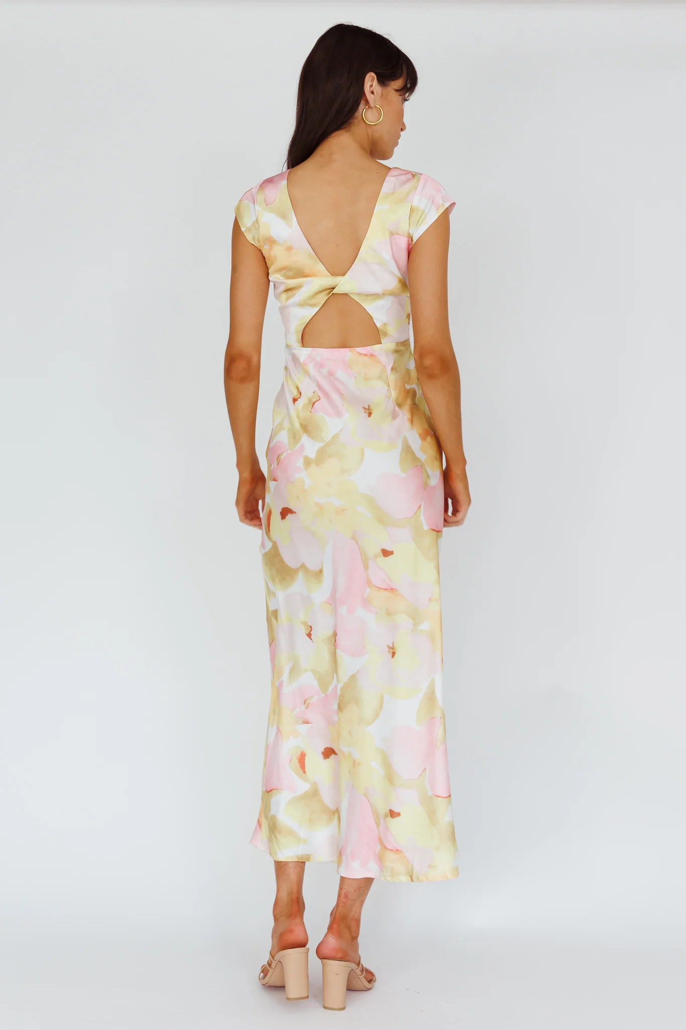 Lucinda Cap Sleeve Twist Back Midi Dress Flower Pink - Seraphlike