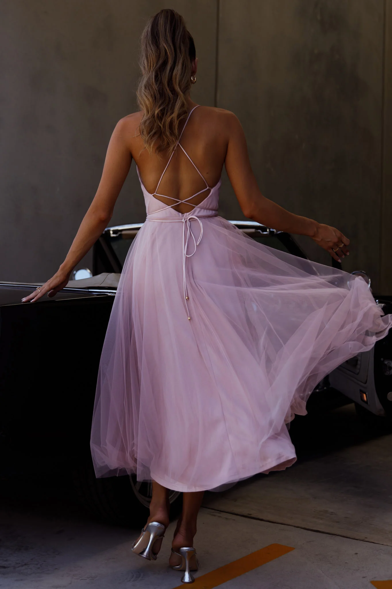 Floating By Pleated Neckline Mesh Midi Dress Blush - Seraphlike