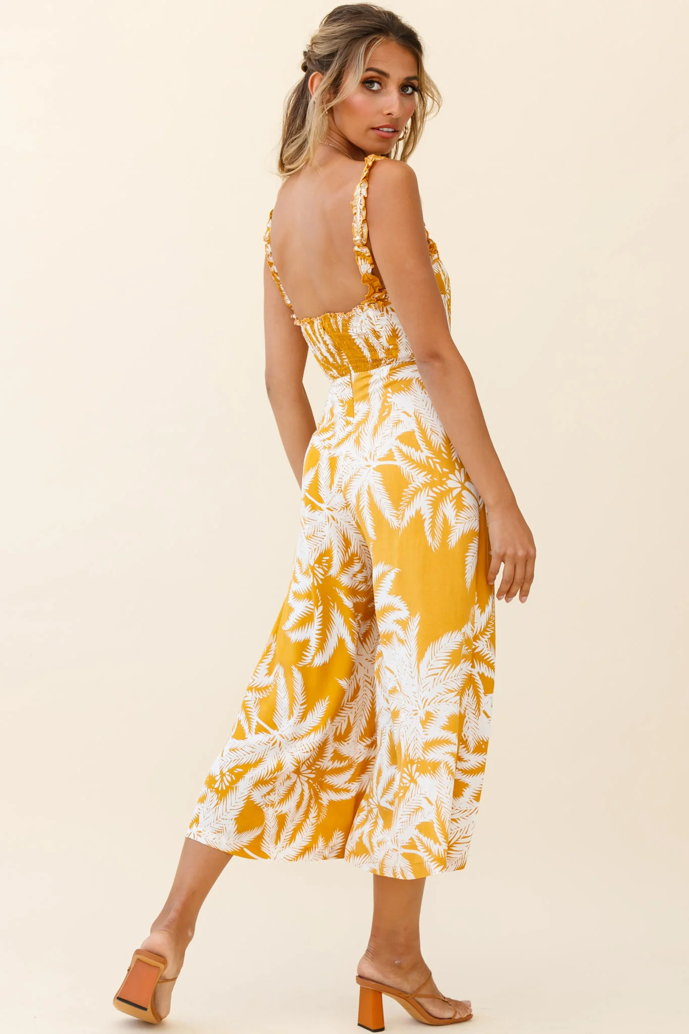 Magdalene Frill Strap Midi Jumpsuit Palm Print Yellow - Seraphlike