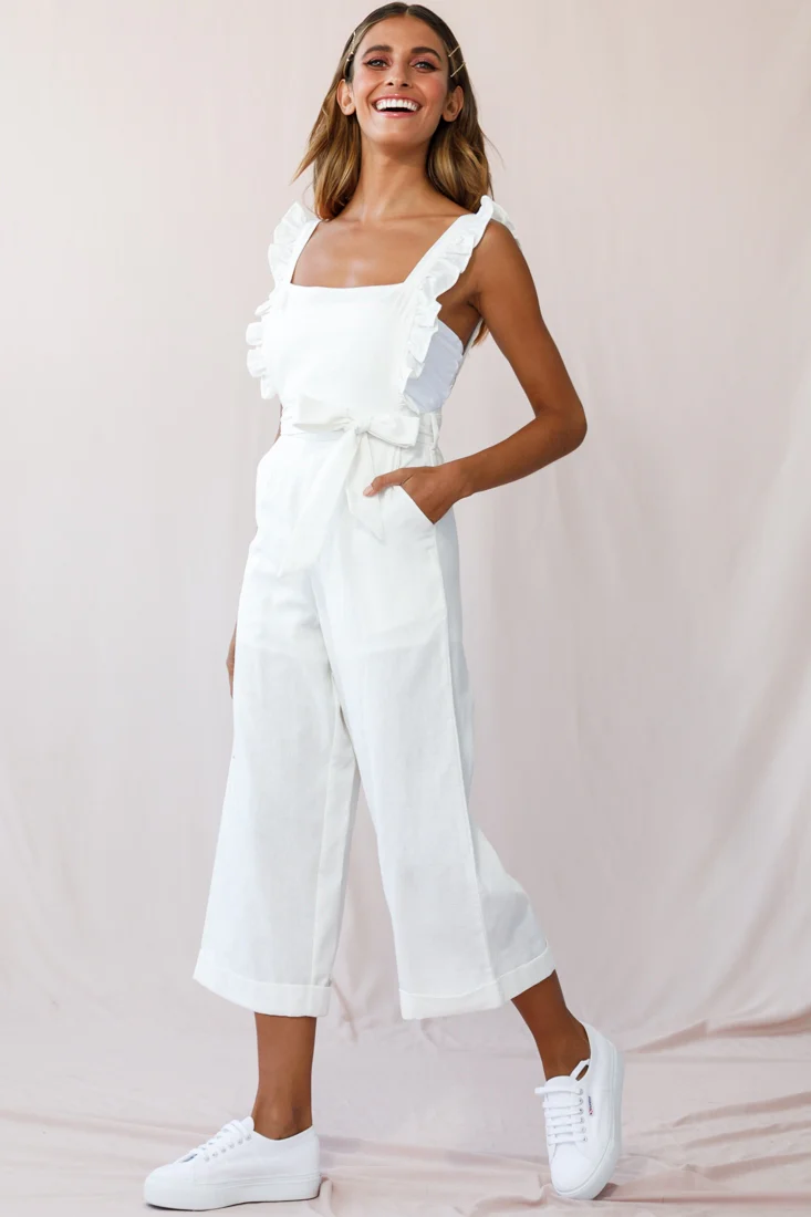 Serenade Ruffle Strap Pinafore Jumpsuit White - Seraphlike