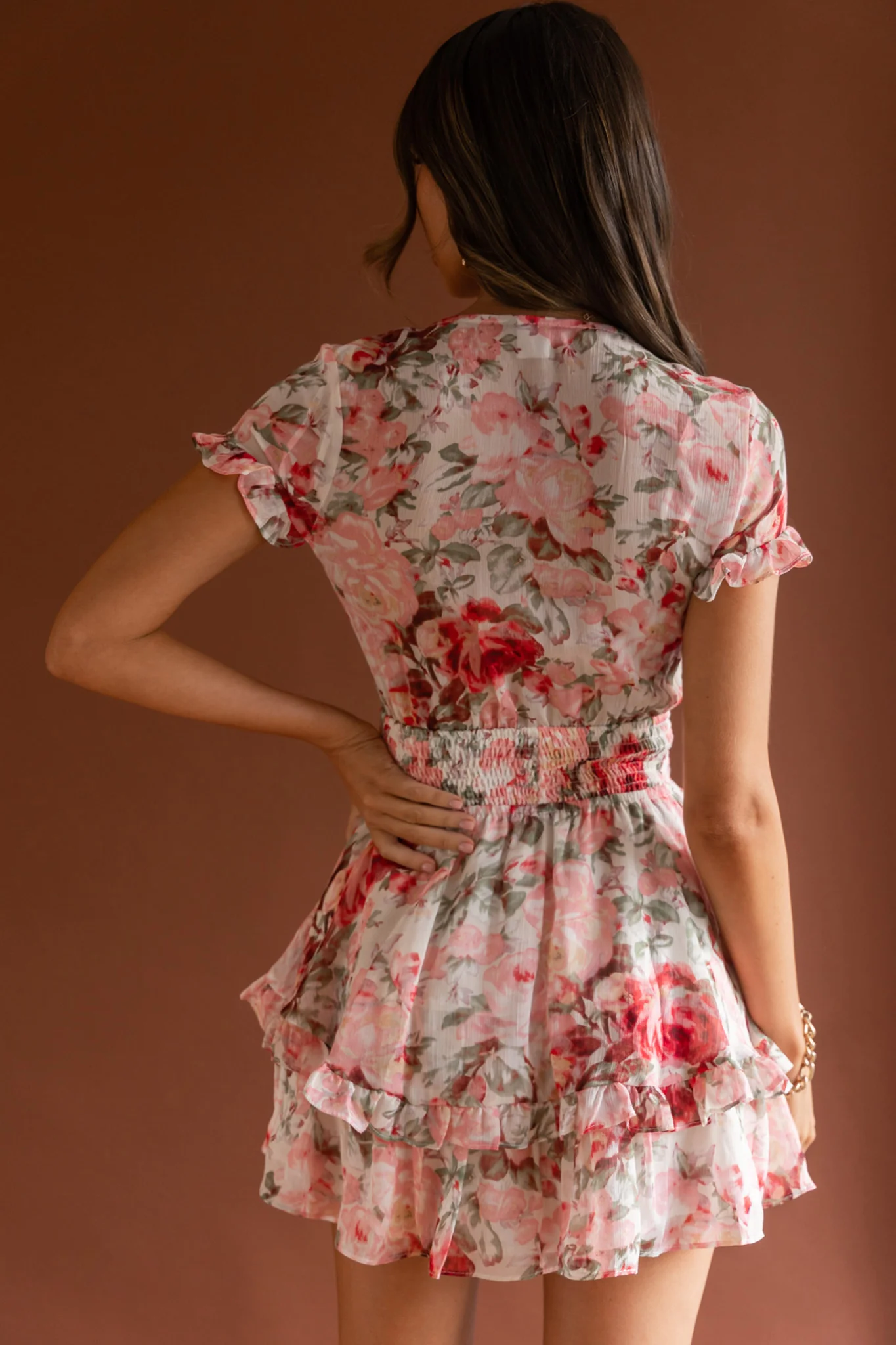 Anthea Bow-Tie Front Layered Frill Dress Floral Print Pink - Seraphlike