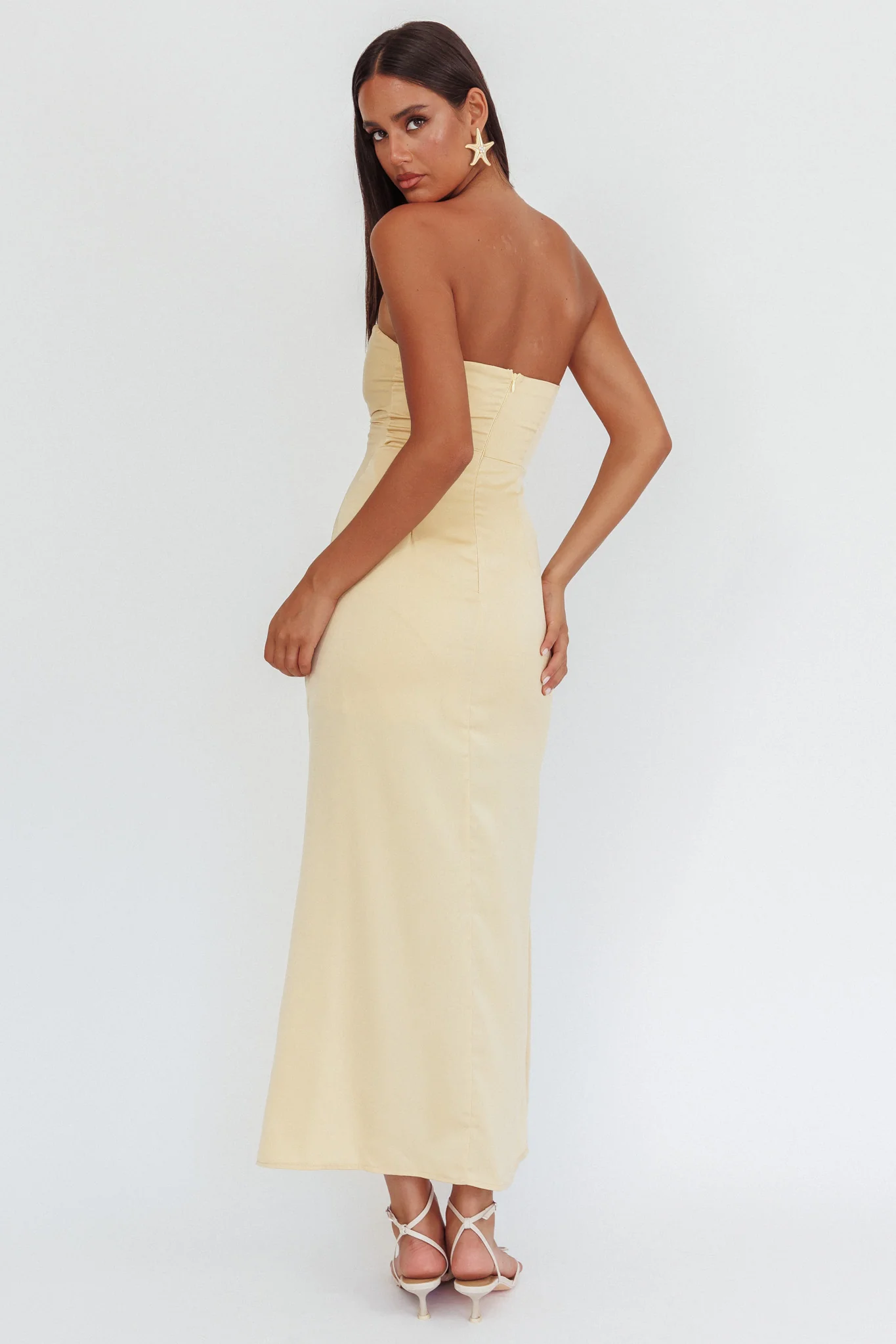 Molinda Strapless Ruched Drawstring Maxi Dress Golden - Seraphlike