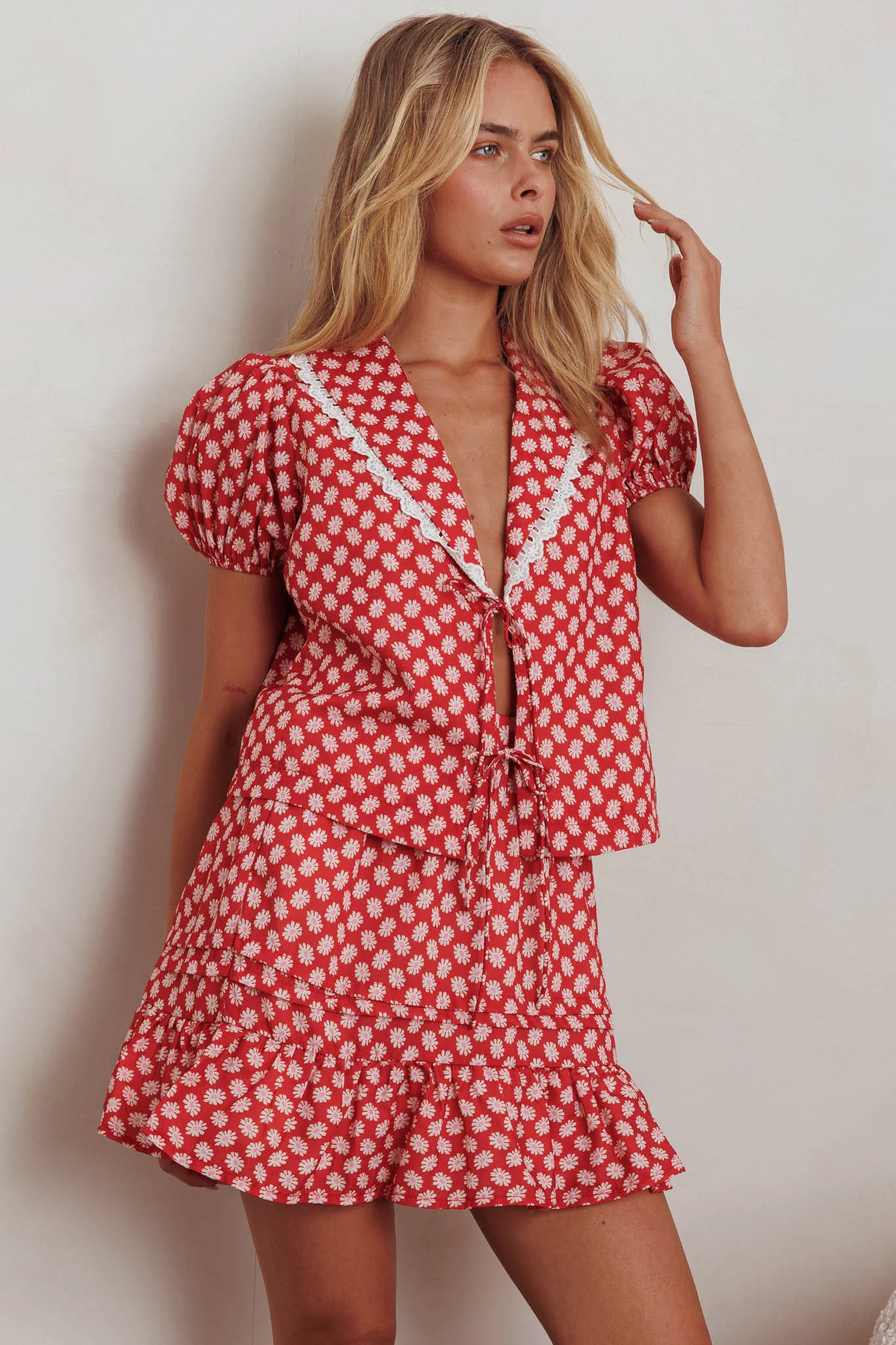 Danessa Frill Hem Pintuck Skirt Floral Red - Seraphlike