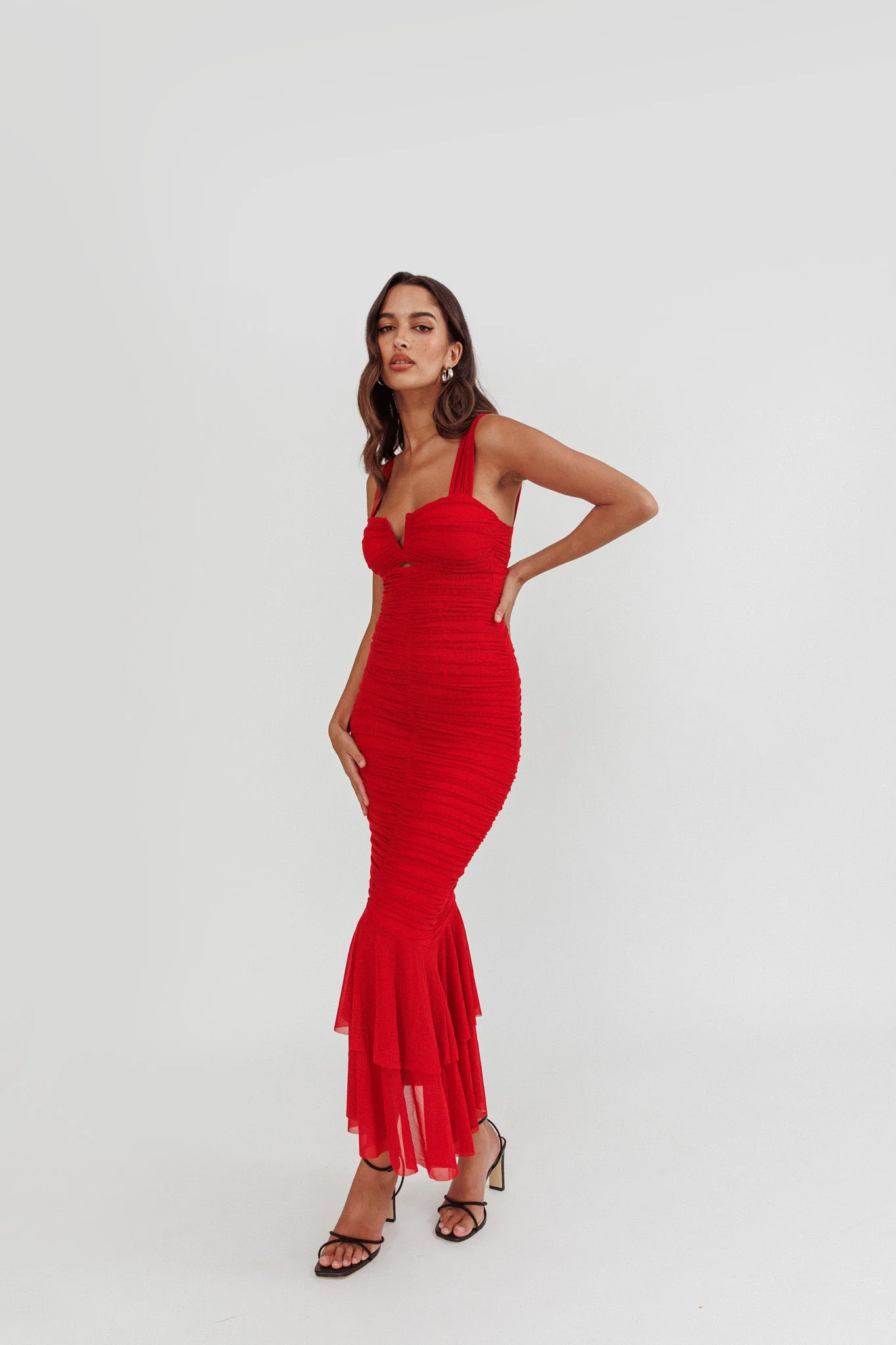 Nadia Ruched Fishtail Maxi Dress Red - Seraphlike