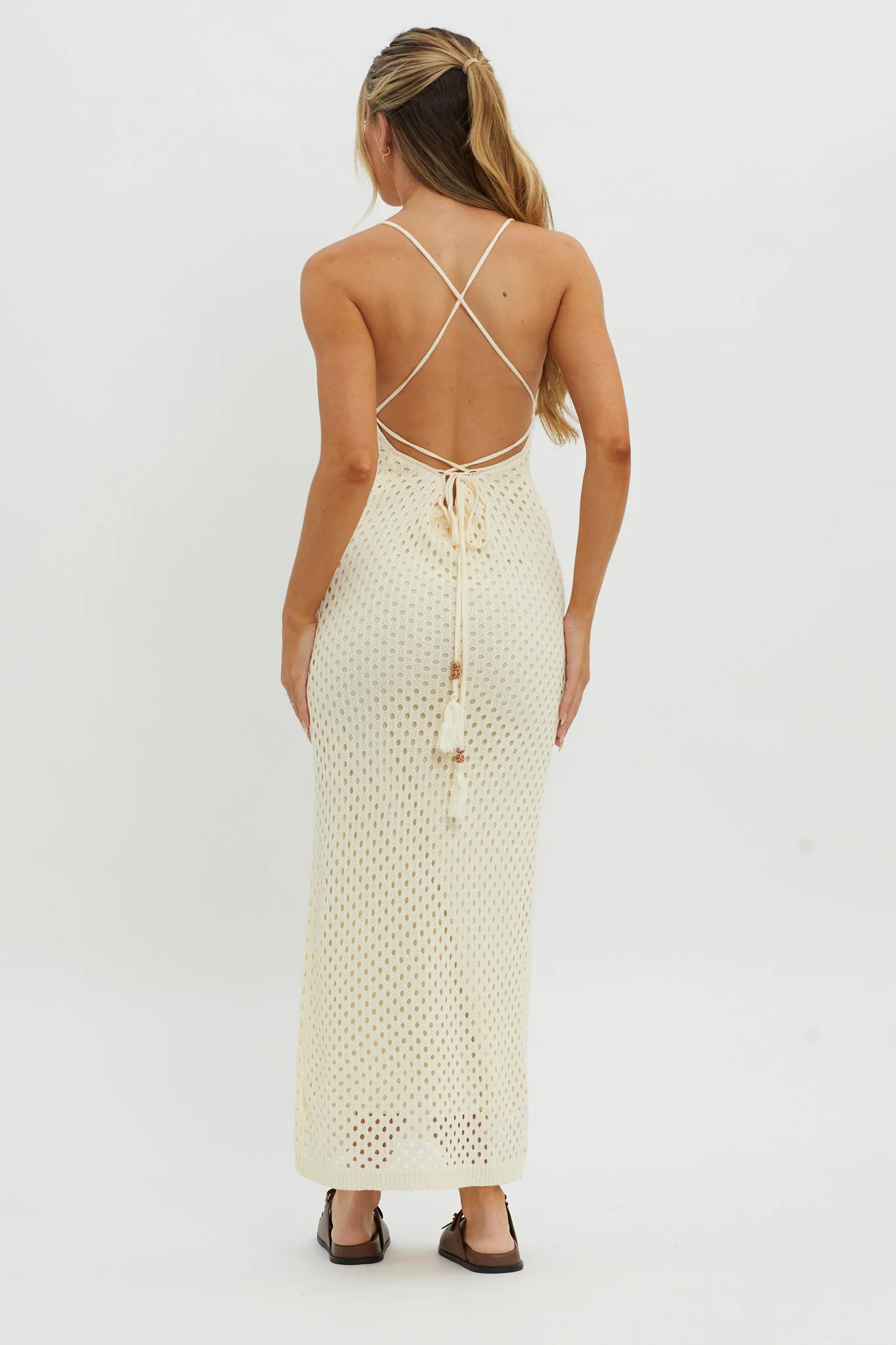 Kesha Open Back Crochet Maxi Dress Cream - Seraphlike
