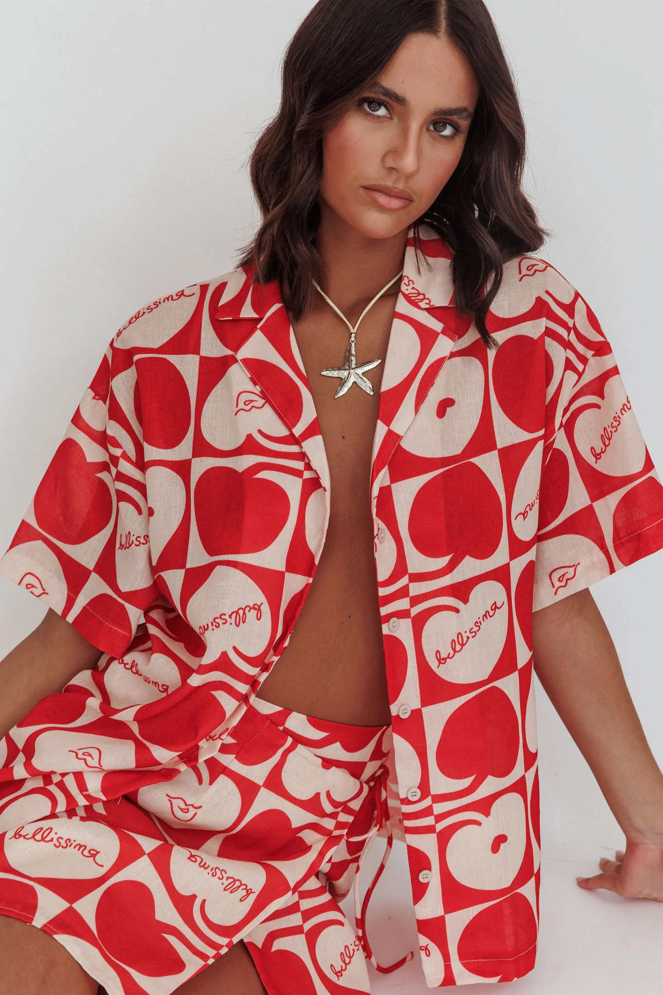 Ithaca Cherry Print Short Sleeve Shirt Red Beige - Seraphlike