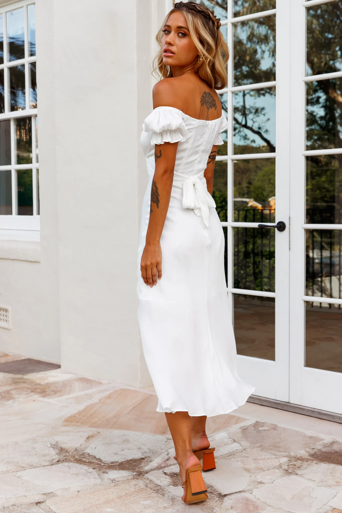 Linka Off-Shoulder Tie Back Midi Dress White - Seraphlike