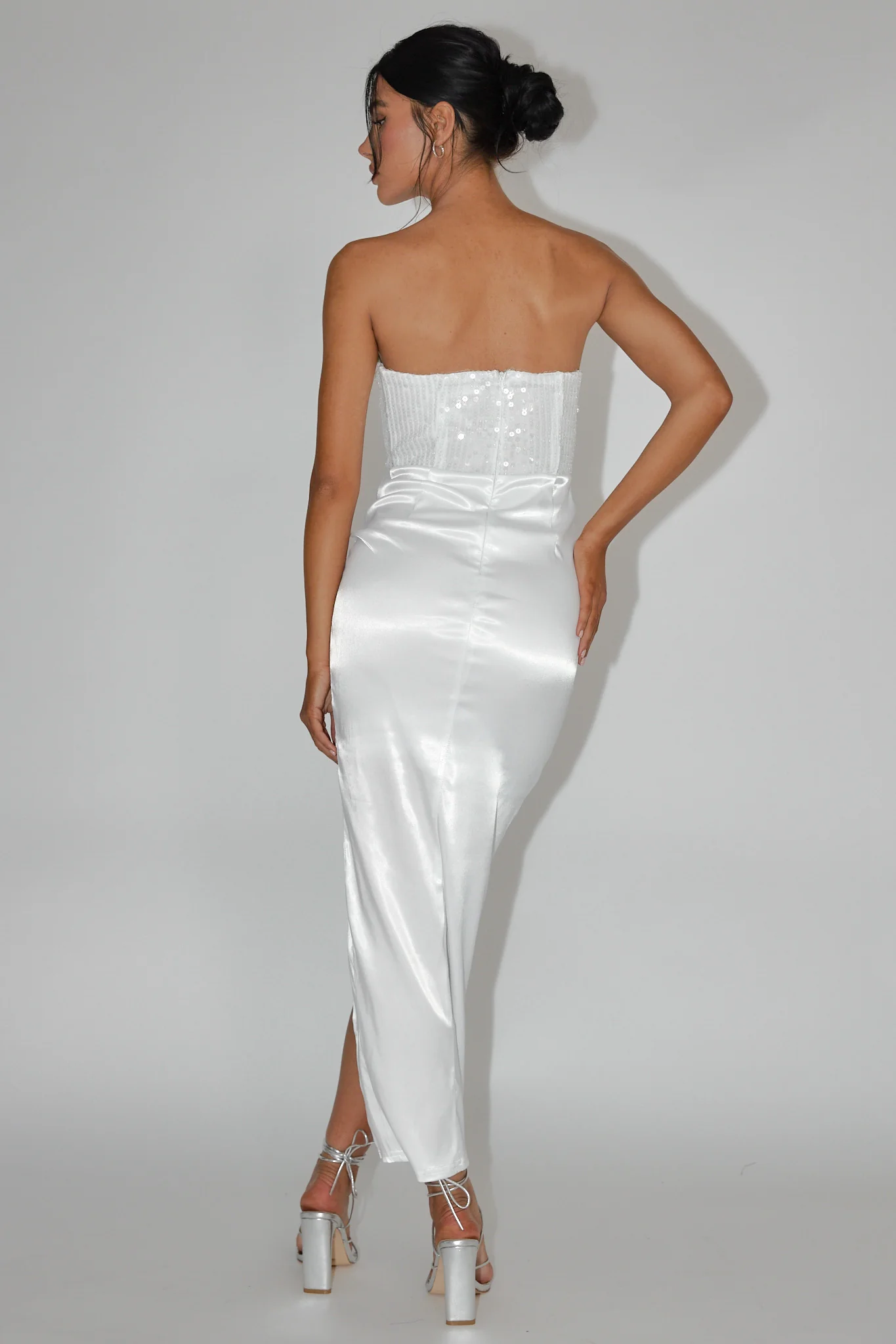 Yadira Sequin Bodice Satin Midi Dress White - Seraphlike