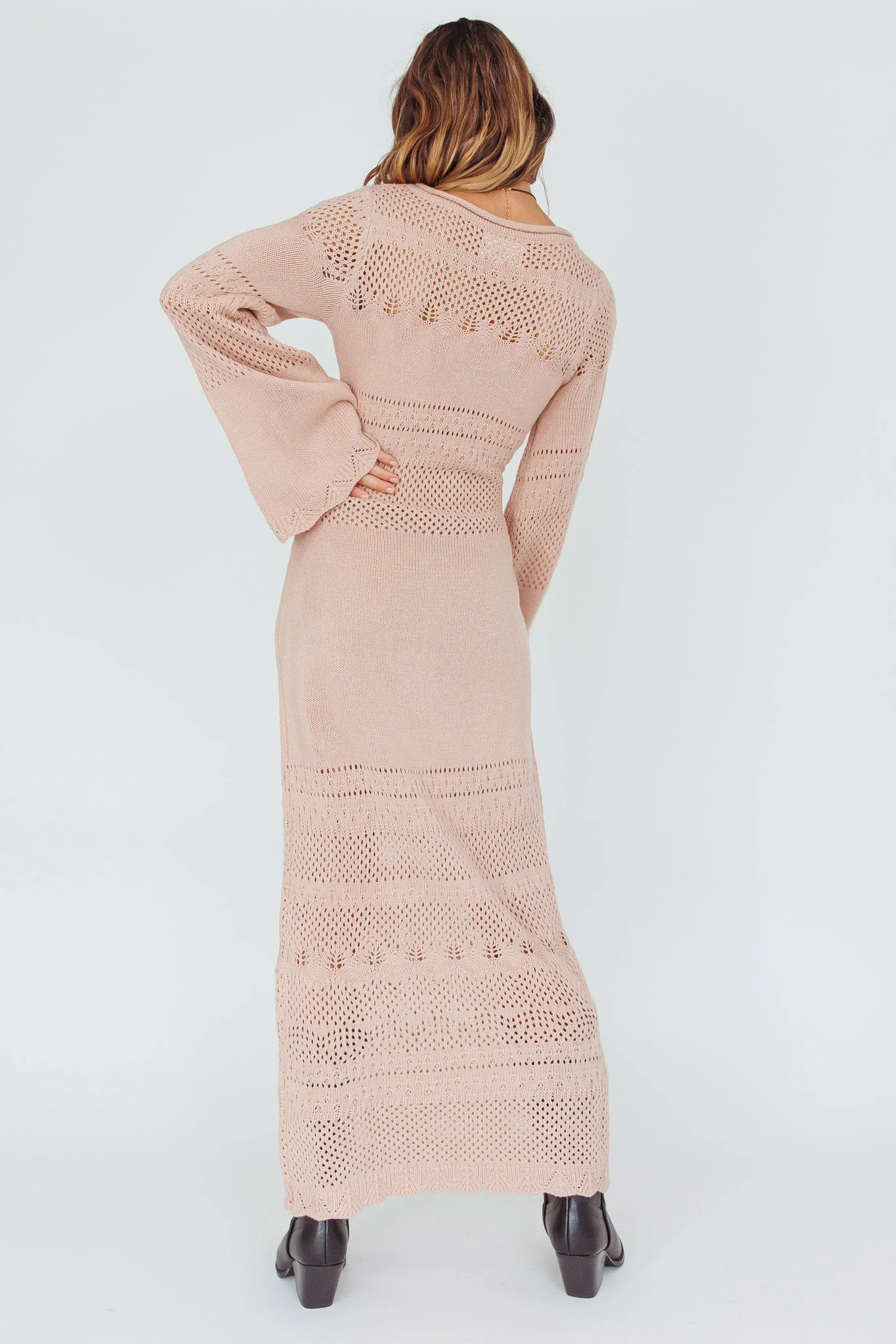 Gail Long Sleeve Crochet Maxi Dress Blush - Seraphlike