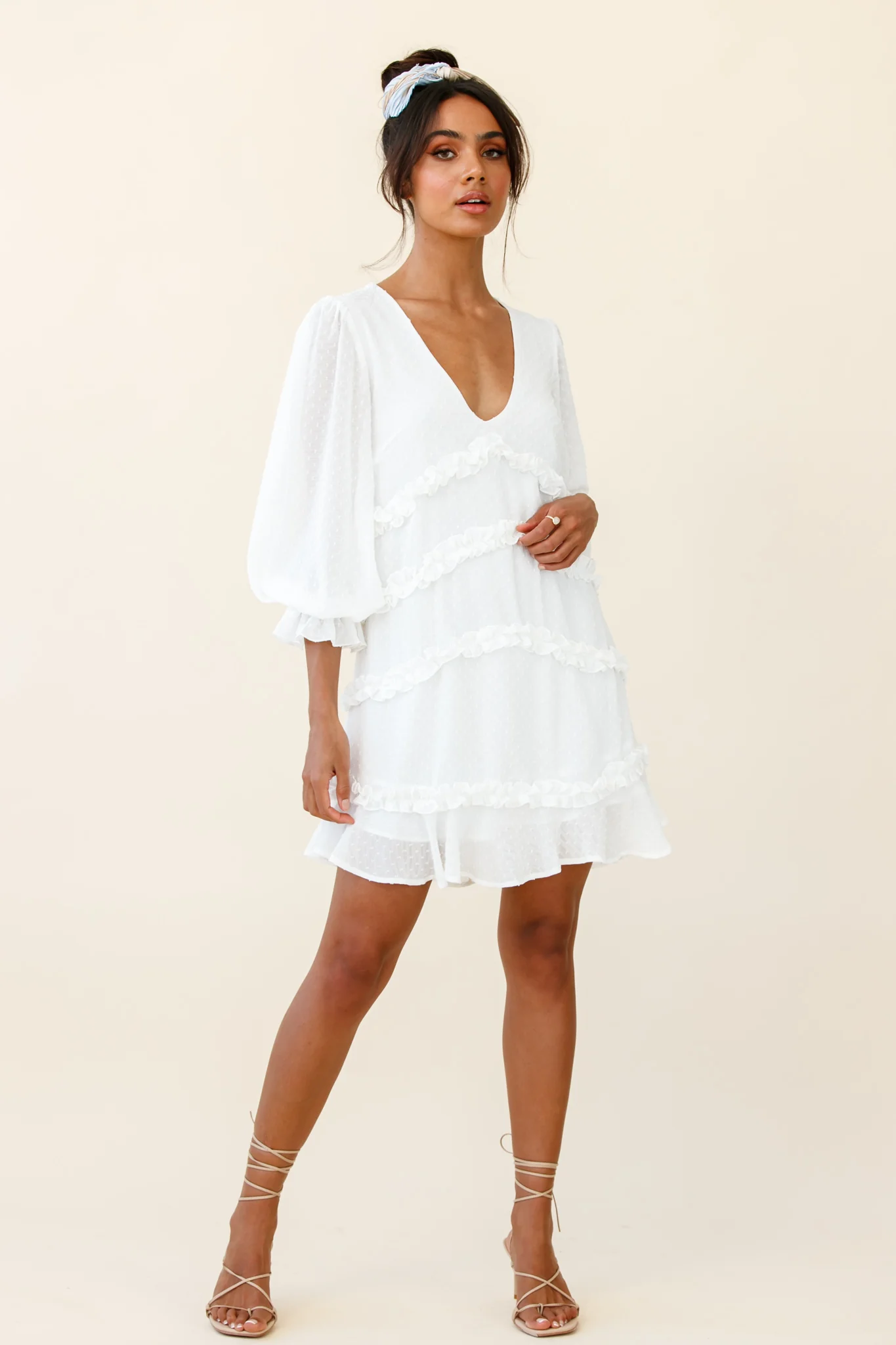 Tabitha Balloon Sleeve Loose Fit Frill Detail Dress White - Seraphlike