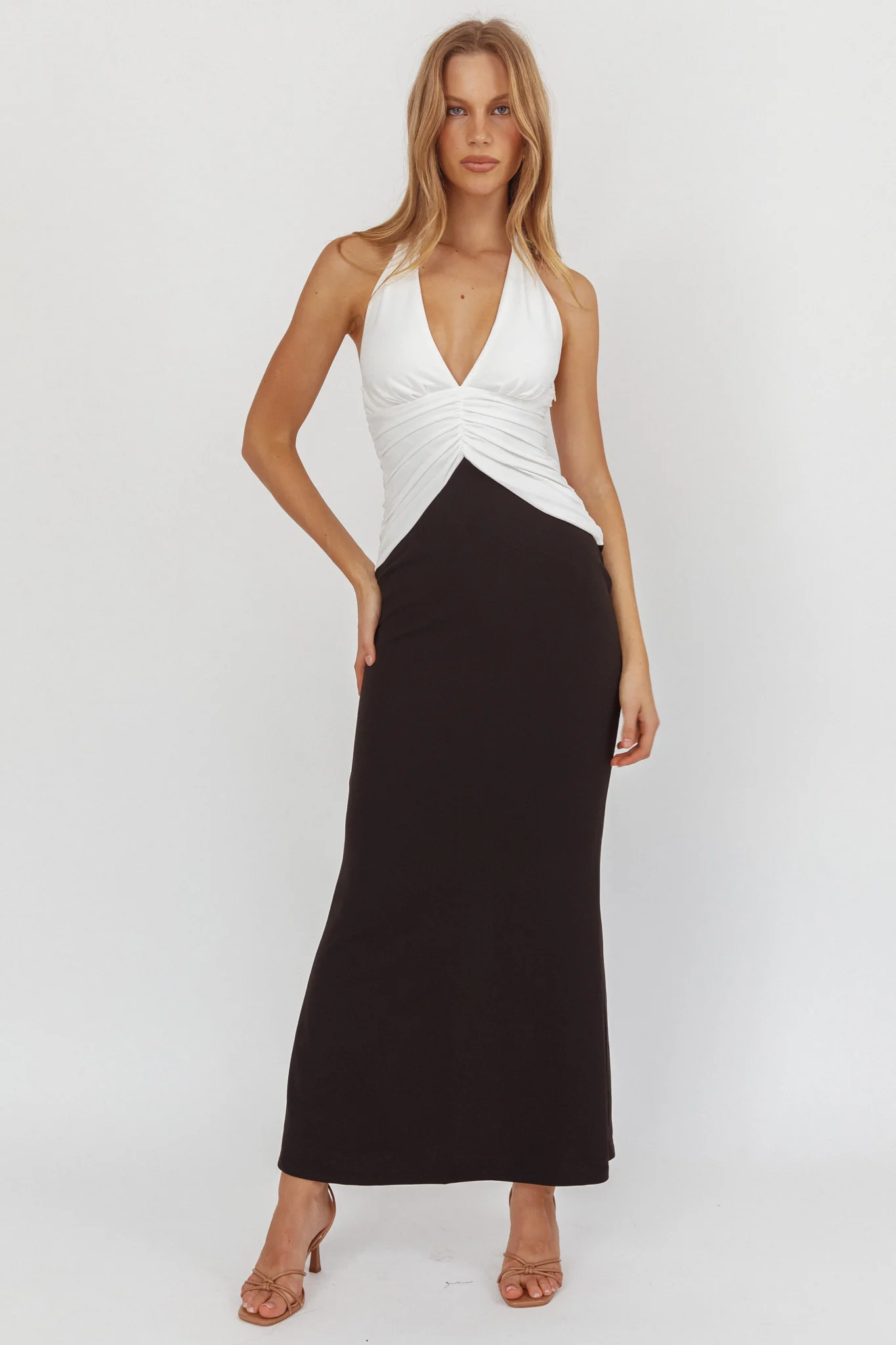 Lala Gathered Waist Maxi Dress White/Black - Seraphlike