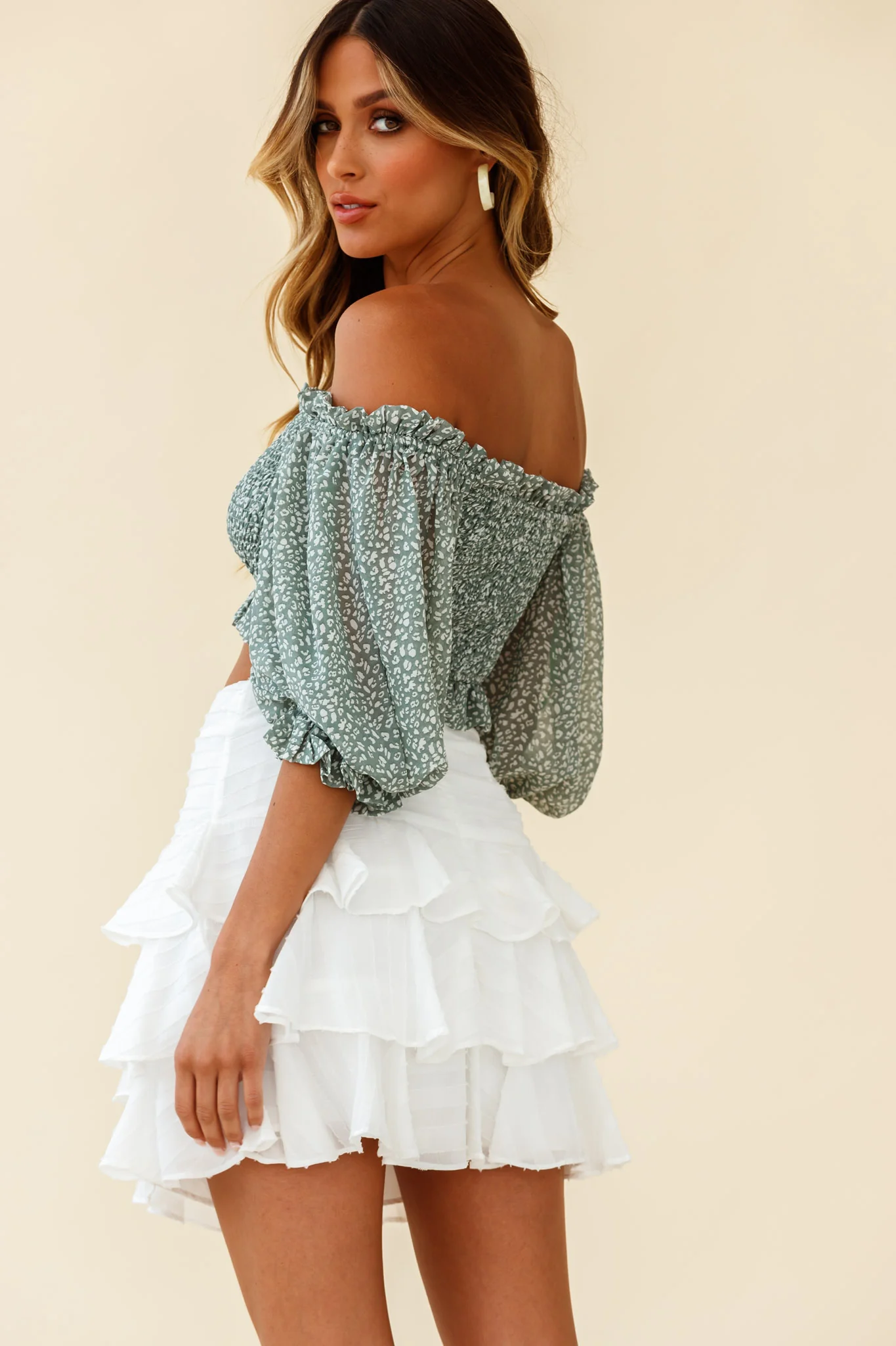 Meet Cute Shirred Bust Off-Shoulder Crop Top Speckle Print Olive - Seraphlike