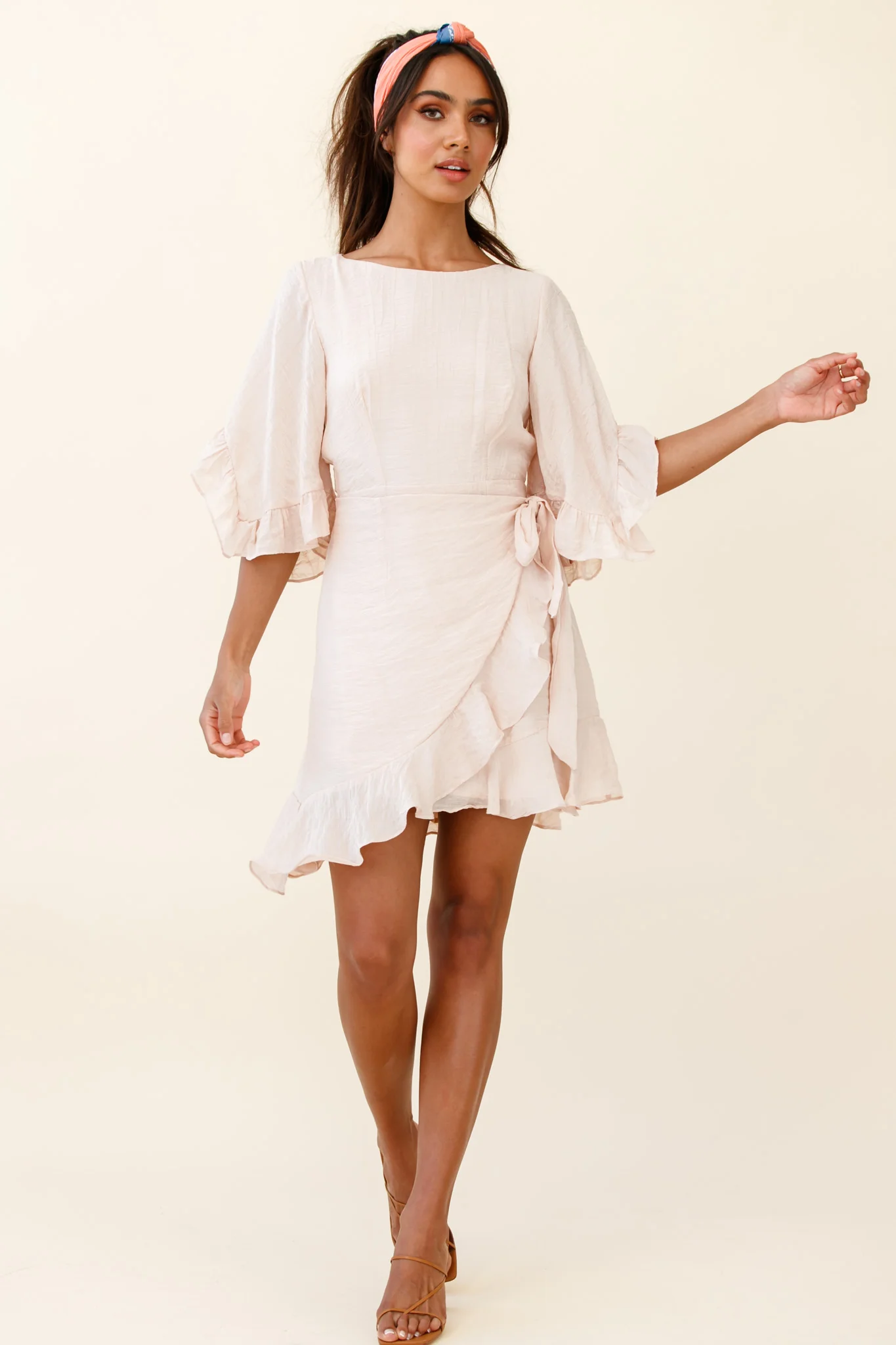 Make It Happen Flared Sleeve Ruffle Trim Dress Beige - Seraphlike
