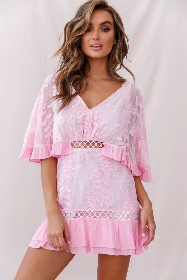 Caspar Leafy Embroidered Dress Baby Pink - Seraphlike