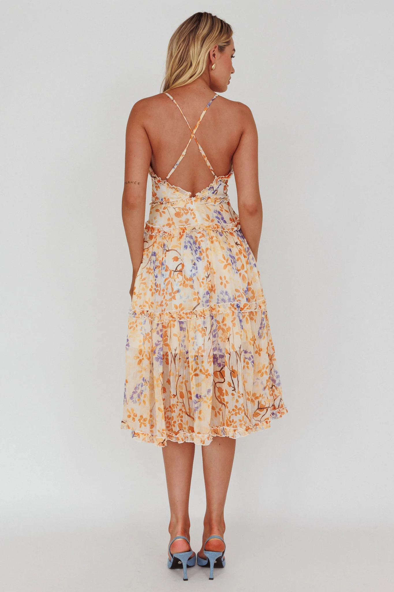 Laney Low Back Cami Strap Midi Dress Floral Orange - Seraphlike