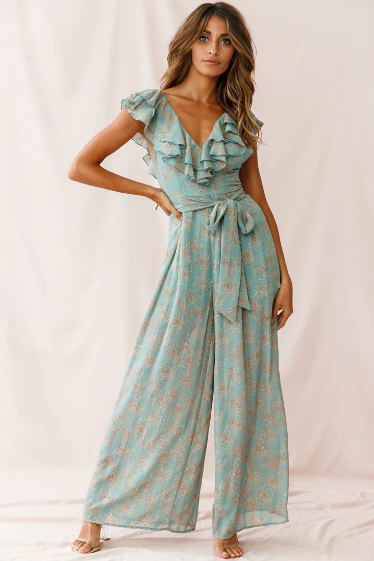 Marcia Ruffle Strap Wide Leg Jumpsuit Floral Print Sage - Seraphlike