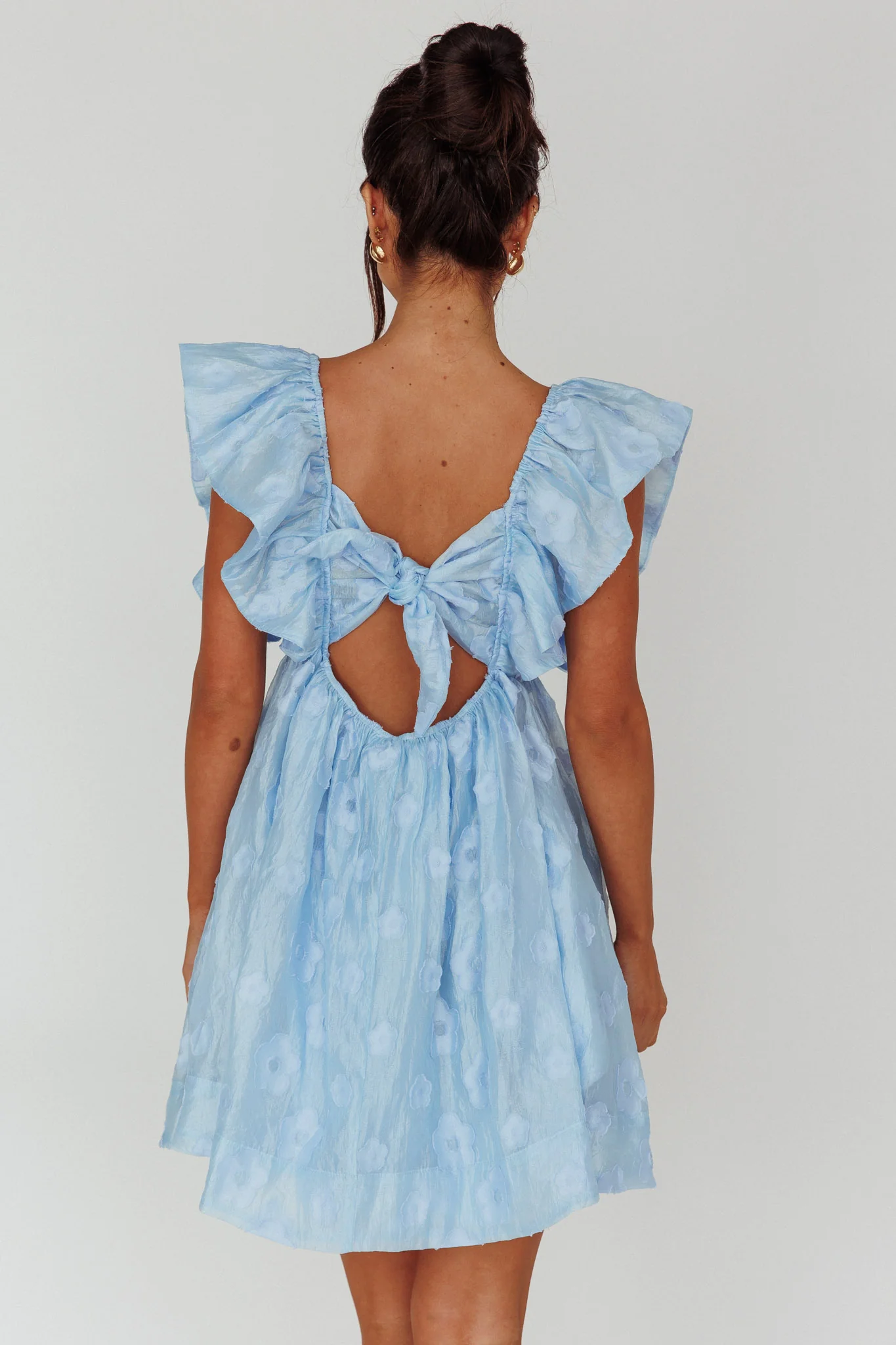Melrose Place Floral Textured Frill Dress Powder Blue - Seraphlike