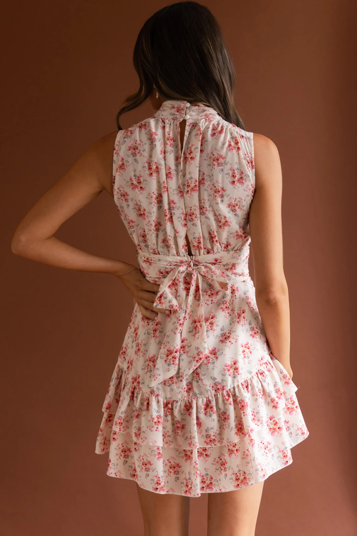 Mandalay High Neck Sleeveless Waistband Dress Vintage Floral Pink - Seraphlike