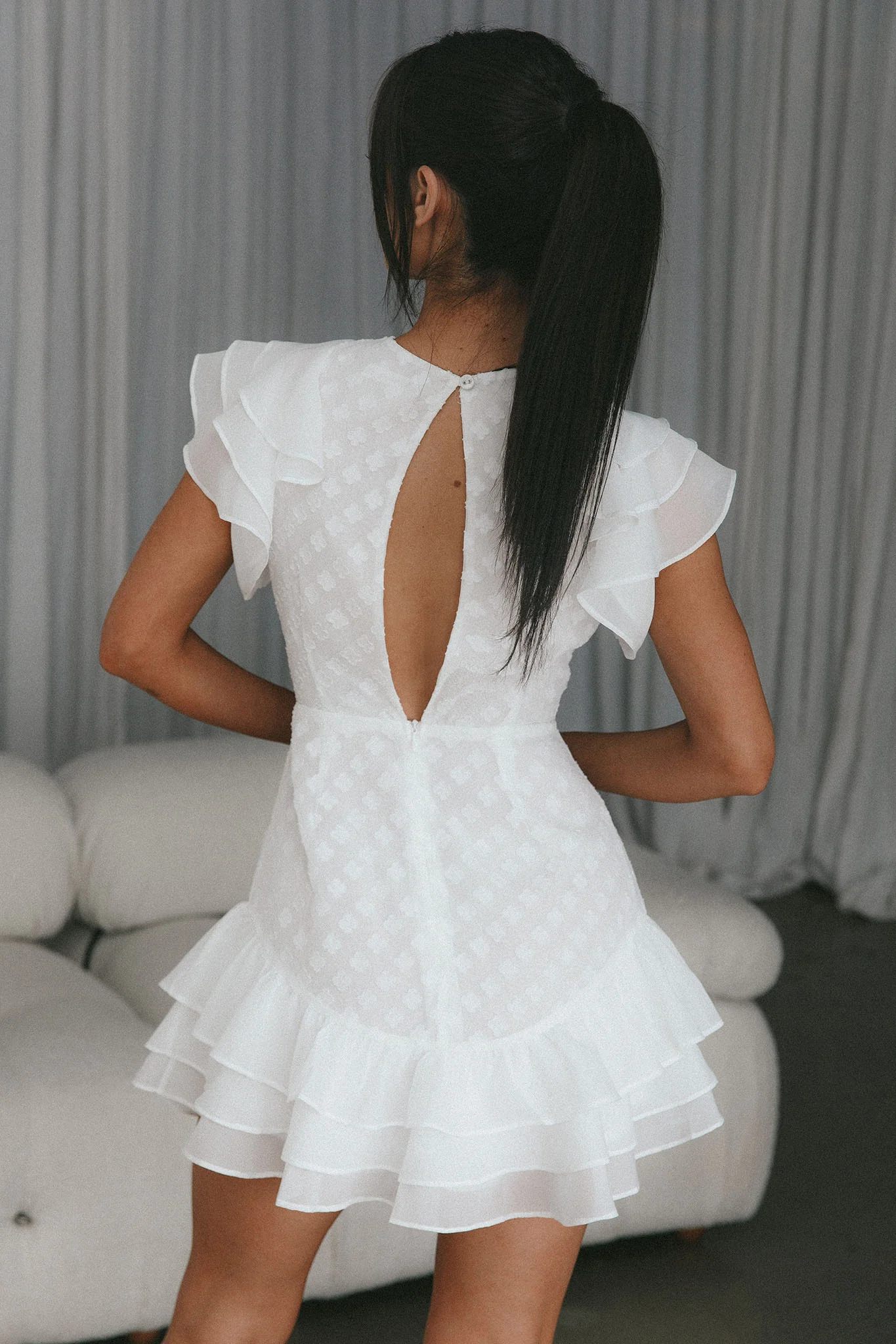 Destined To Be Ruffle Mini Dress Textured White - Seraphlike