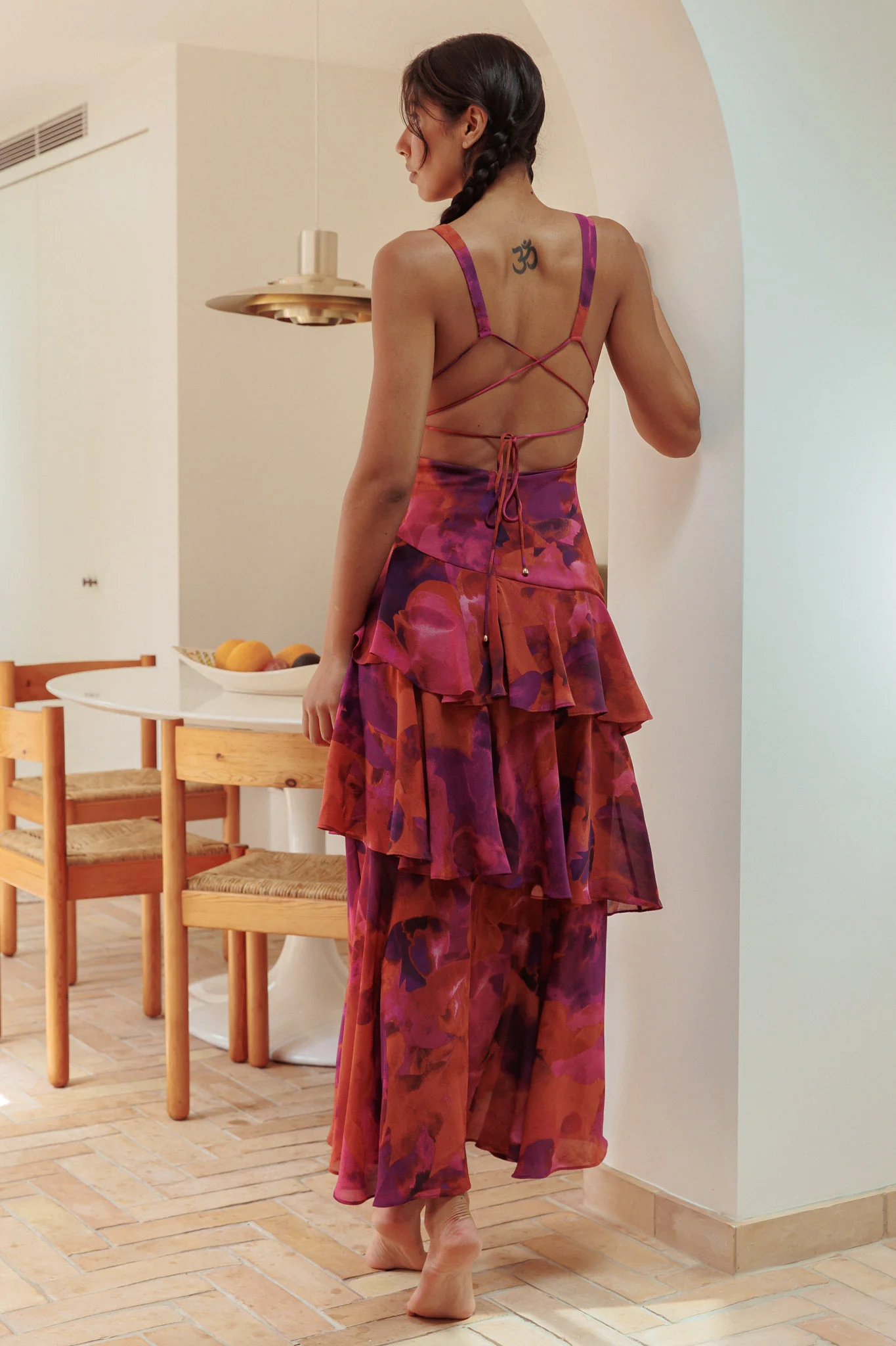 Veda Strappy Back Ruffle Midi Dress Dark Rose - Seraphlike