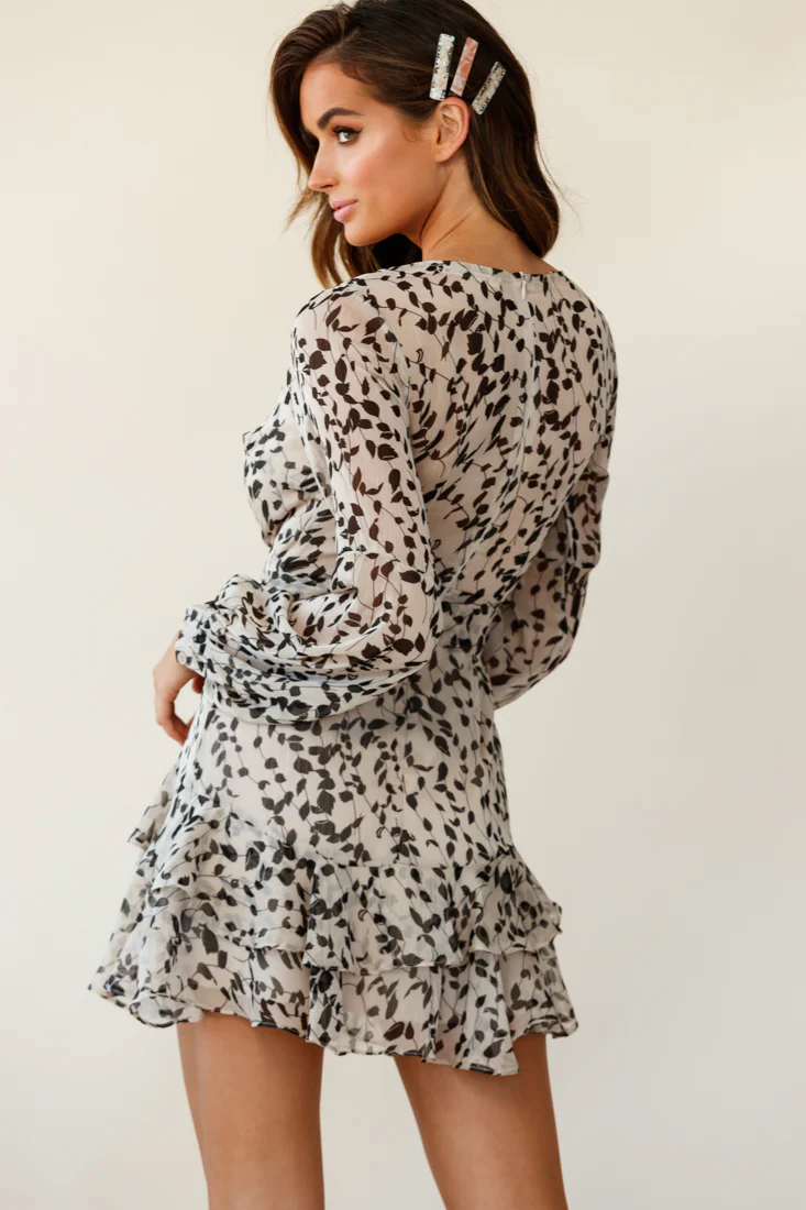 Kerry Layered Long Sleeve Dress Leaf Print Beige - Seraphlike