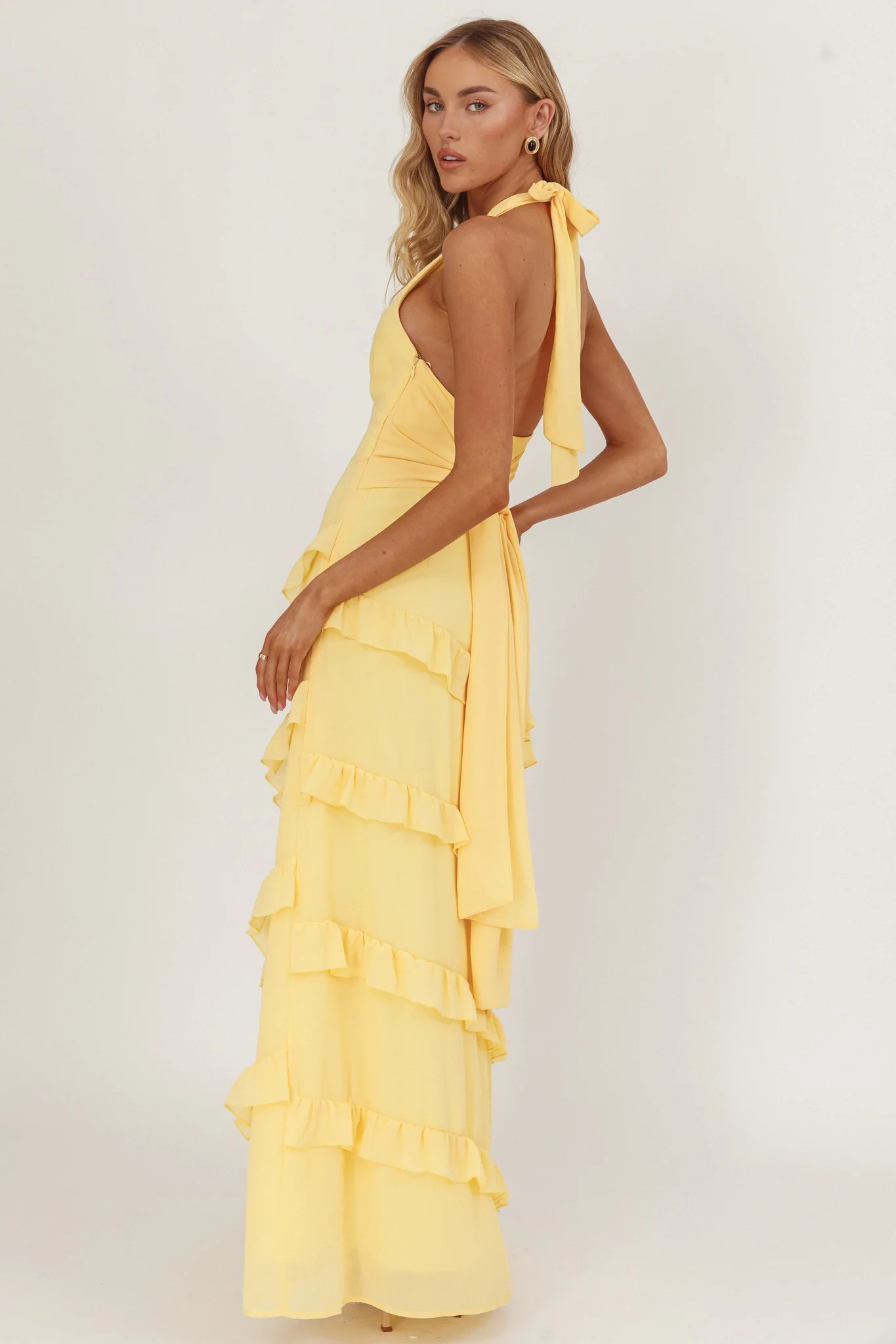 Flirt Frill Trim Halter Maxi Dress Lemon - Seraphlike