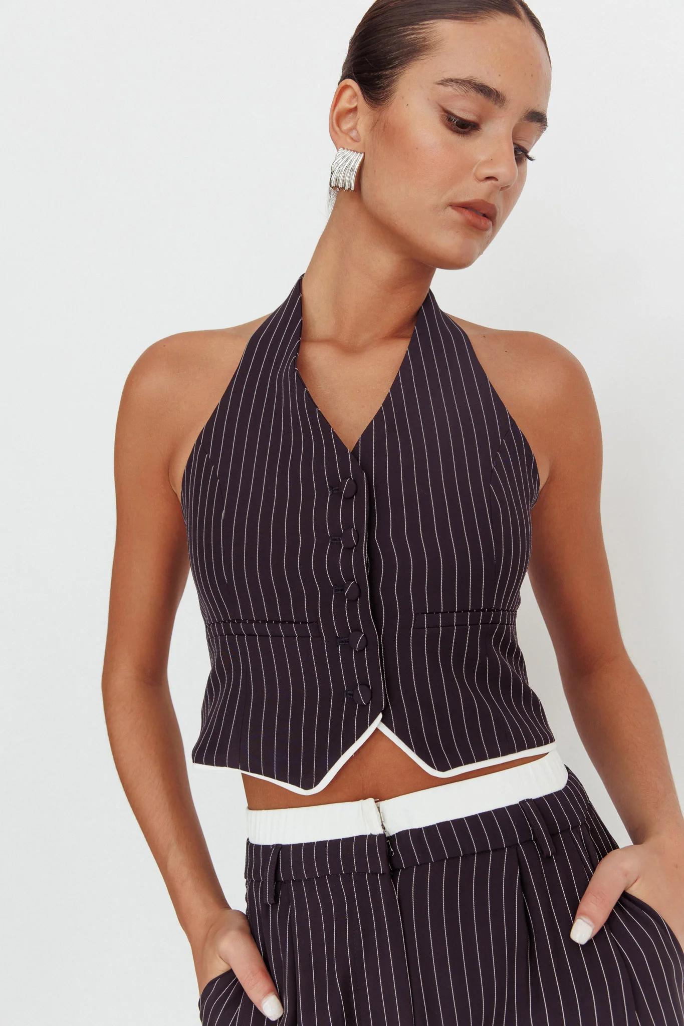 Lilija Pinstripe Halter Neck Vest Navy - Seraphlike