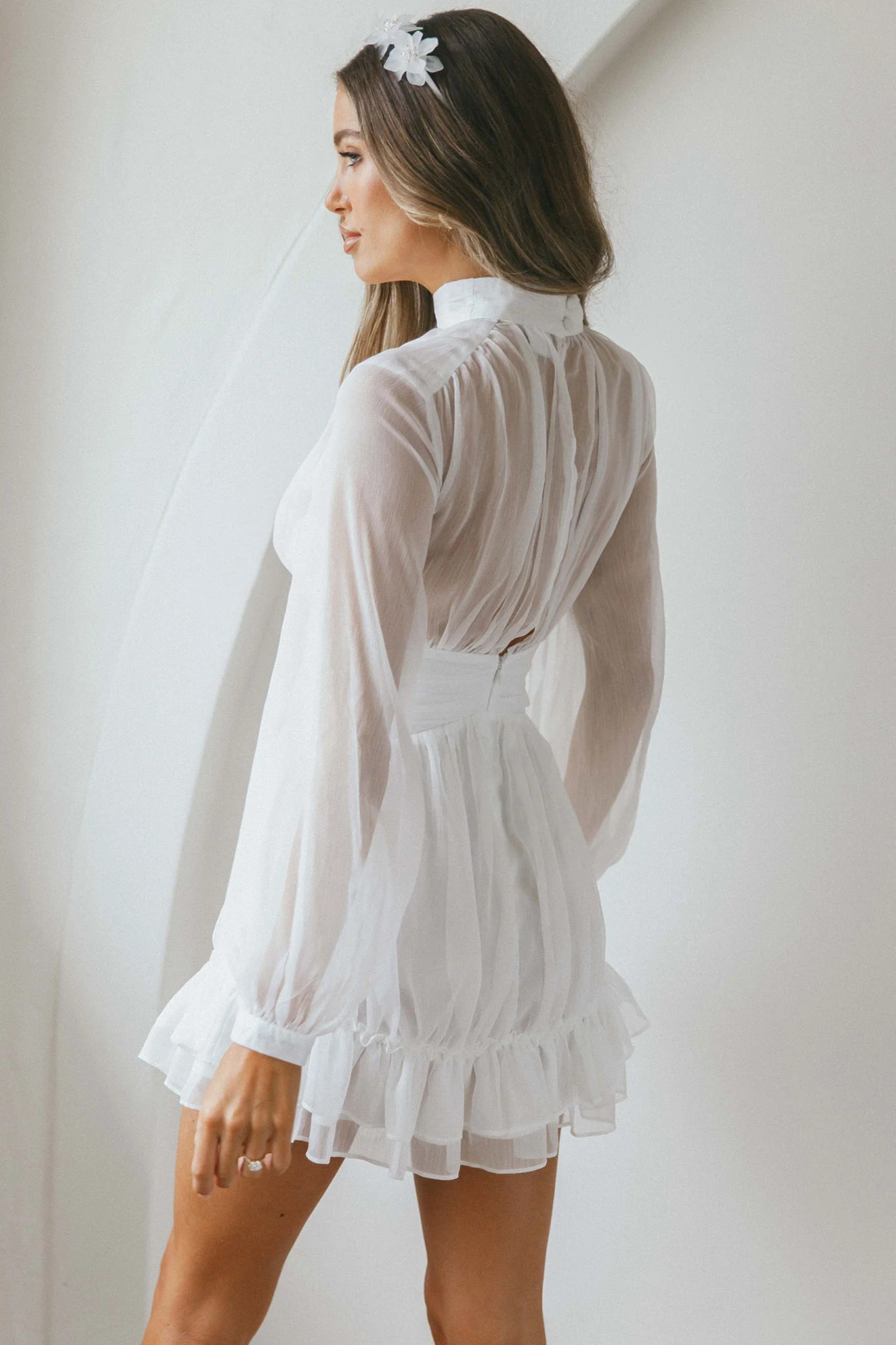 Mandalay High Neck Long Sleeve Waistband Dress White - Seraphlike