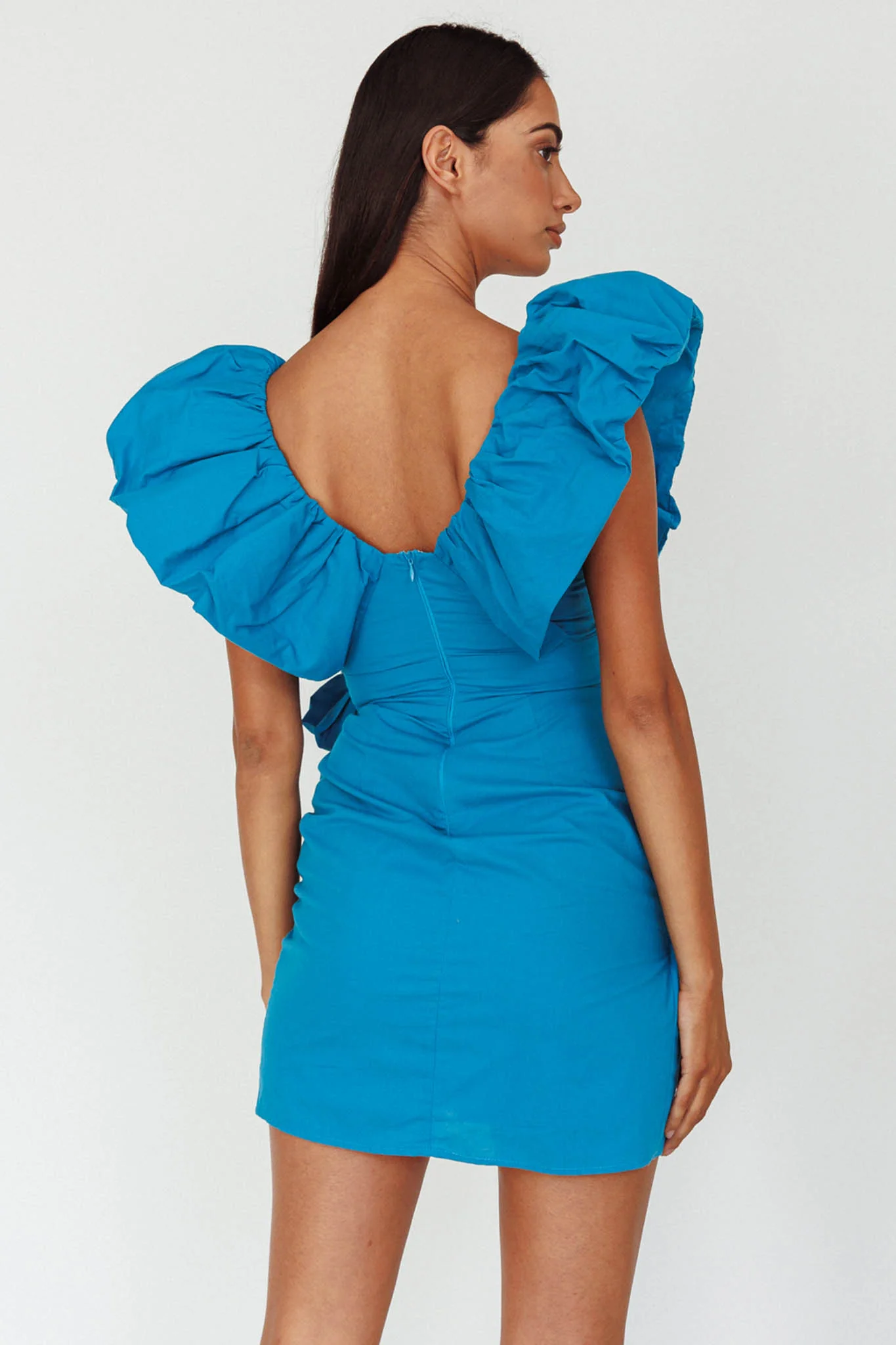 Kahlo Puffed Ruffle Neckline Mini Dress Blue - Seraphlike