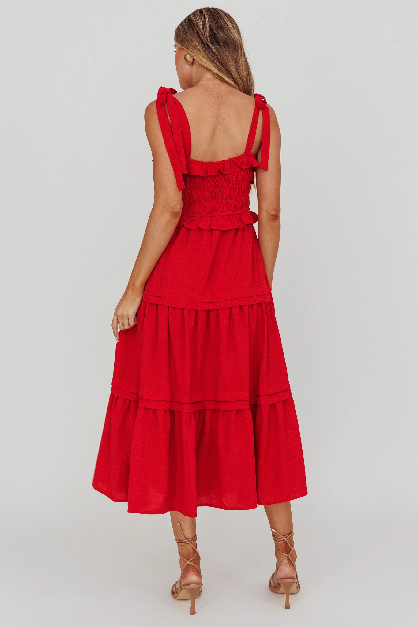 Paprika Tied Shoulder Shirred Midi Dress Red - Seraphlike
