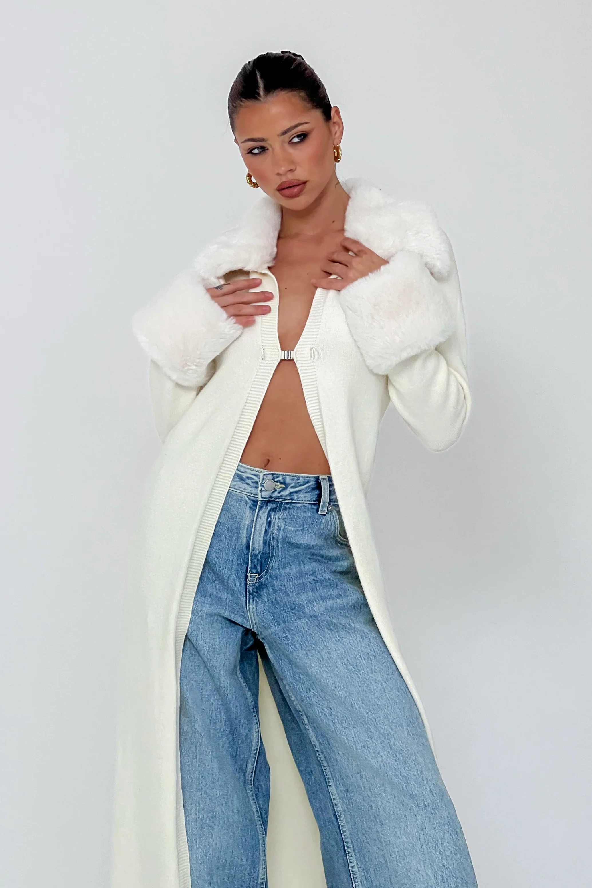 Snowflakes Fur Trim Longline Cardigan Coat Ivory - Seraphlike