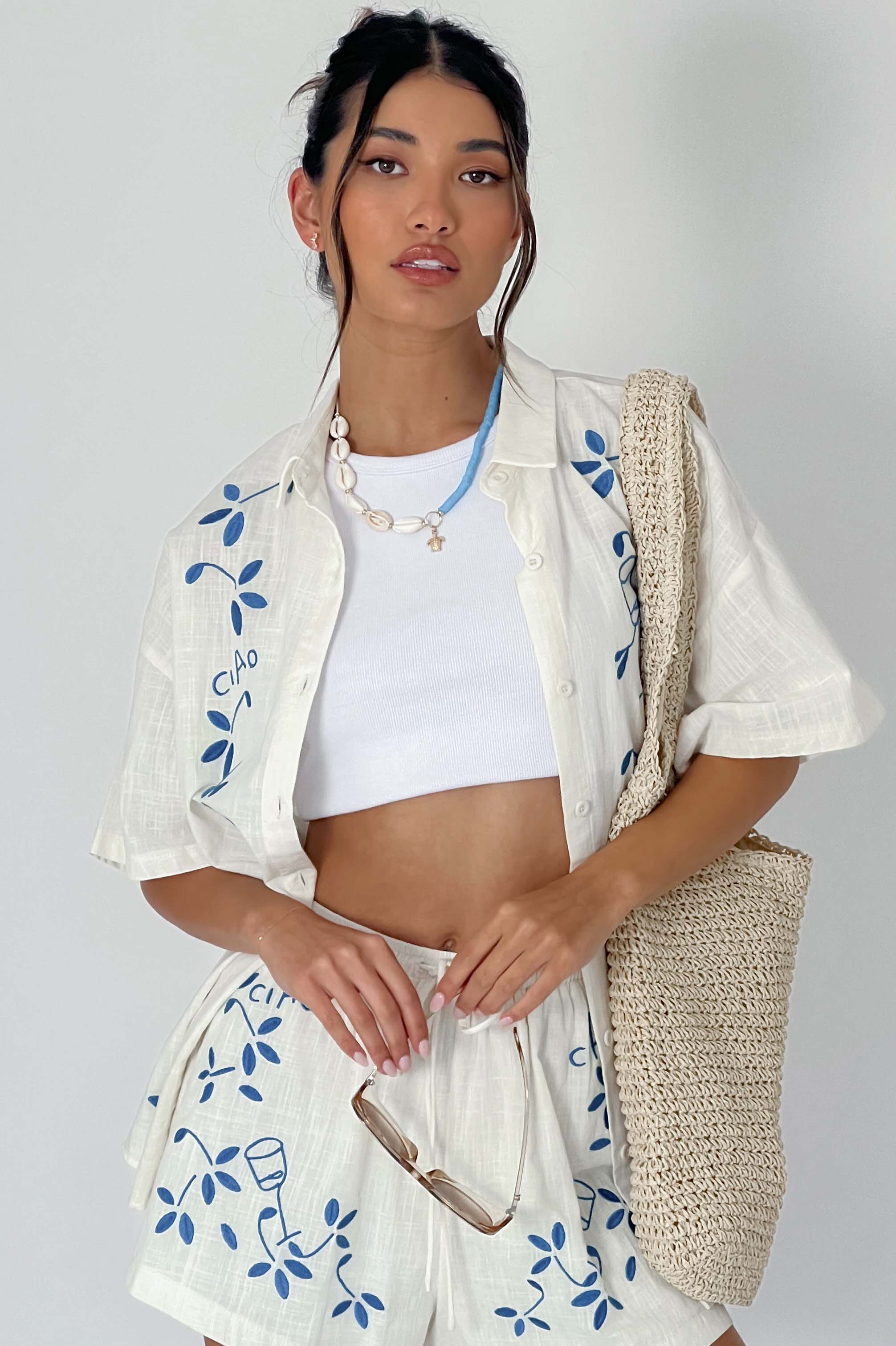 Ciao Ciao Embroidered Button-Up Shirt Beige - Seraphlike